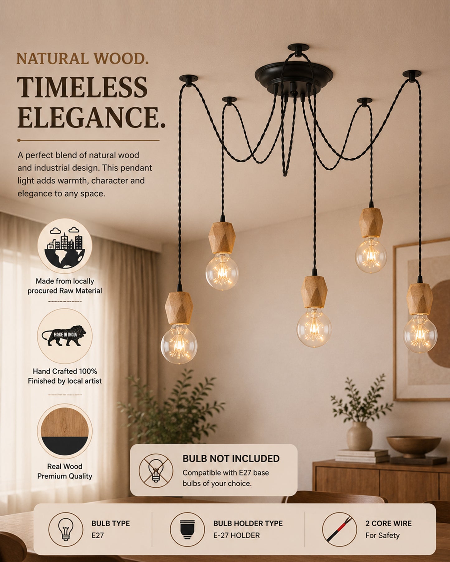 Arms Spider Chandelier Lamp, Natural Hexagon Holder, Vintage Edison Style E 27 Adjustable DIY Ceiling Pendant Light, E27 Rustic Cluster Hanging Light(1.25 M, Black Twisted Wire)