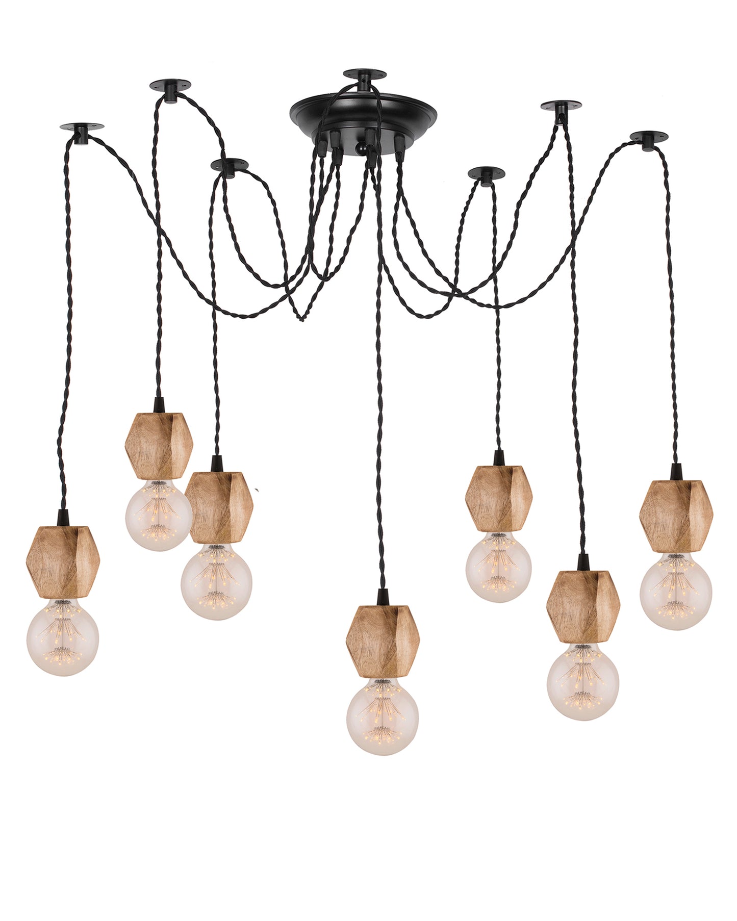 Arms Spider Chandelier Lamp, Natural Hexagon Holder, Vintage Edison Style E 27 Adjustable DIY Ceiling Pendant Light, E27 Rustic Cluster Hanging Light(1.25 M, Black Twisted Wire)