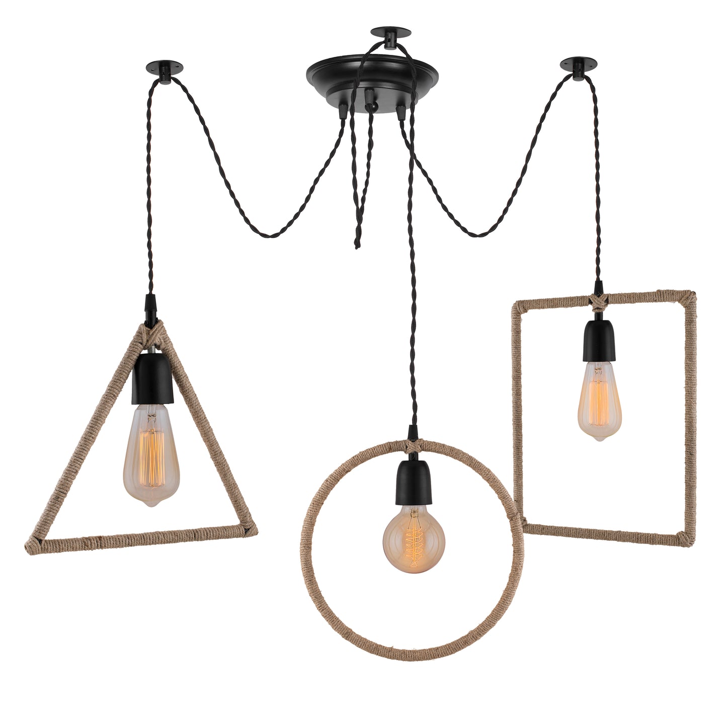 Arms Spider Chandelier Lamp, Triangle, Rectangle & Circle Metal Rope Lamp, Vintage Edison Style E 27 Adjustable DIY Ceiling Pendant Light, E27 Rustic Cluster Hanging Light(1.25 M, Black Twisted Wire)