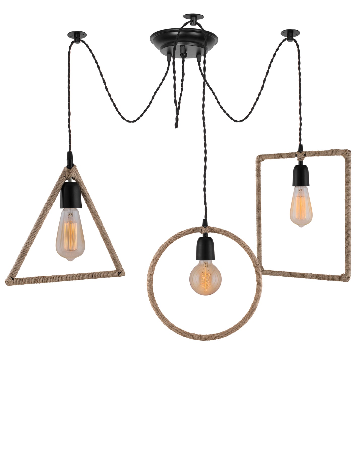 Arms Spider Chandelier Lamp, Triangle, Rectangle & Circle Metal Rope Lamp, Vintage Edison Style E 27 Adjustable DIY Ceiling Pendant Light, E27 Rustic Cluster Hanging Light(1.25 M, Black Twisted Wire)