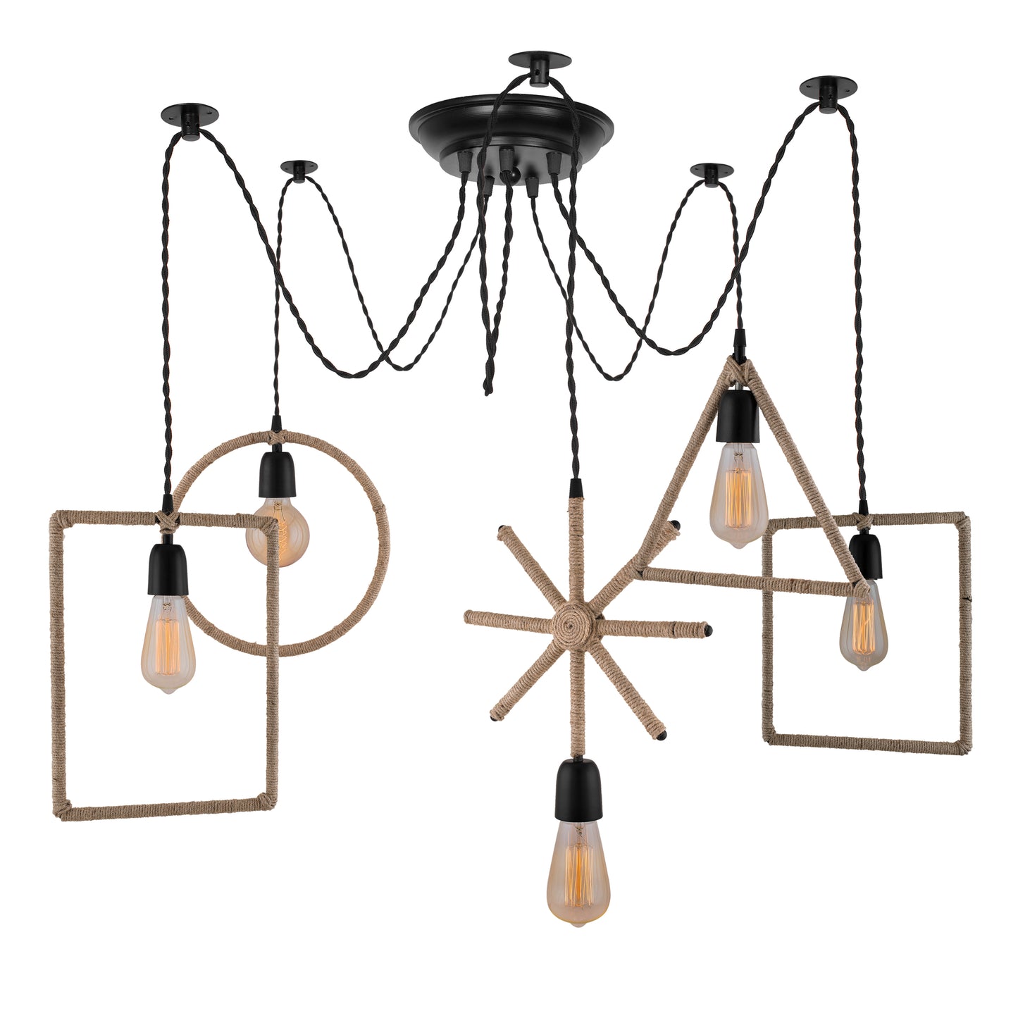 Arms Spider Chandelier Lamp, Triangle, Rectangle & Circle Metal Rope Lamp, Vintage Edison Style E 27 Adjustable DIY Ceiling Pendant Light, E27 Rustic Cluster Hanging Light(1.25 M, Black Twisted Wire)