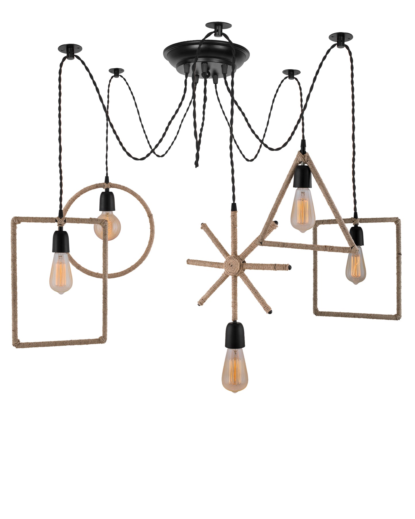 Arms Spider Chandelier Lamp, Triangle, Rectangle & Circle Metal Rope Lamp, Vintage Edison Style E 27 Adjustable DIY Ceiling Pendant Light, E27 Rustic Cluster Hanging Light(1.25 M, Black Twisted Wire)