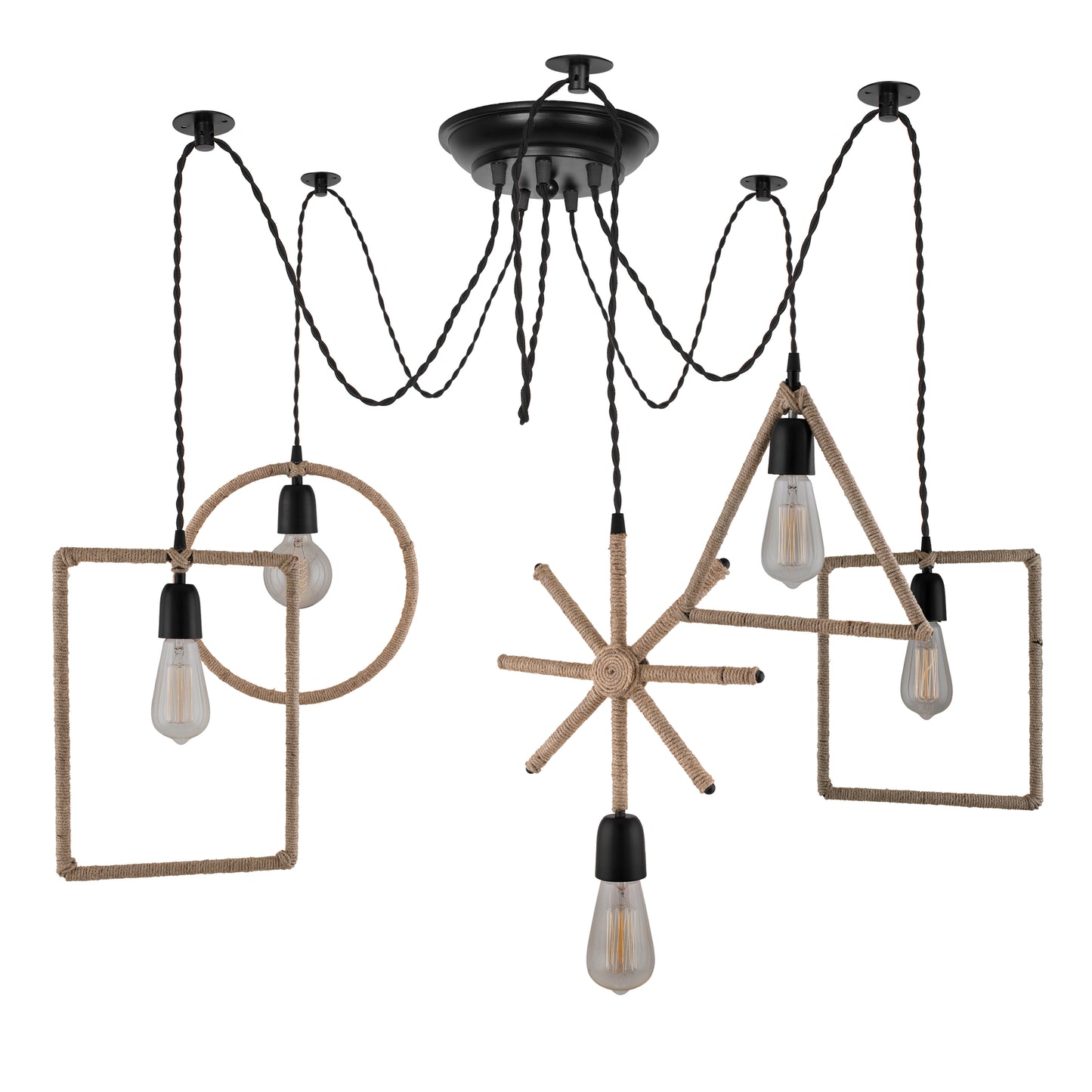 Arms Spider Chandelier Lamp, Triangle, Rectangle & Circle Metal Rope Lamp, Vintage Edison Style E 27 Adjustable DIY Ceiling Pendant Light, E27 Rustic Cluster Hanging Light(1.25 M, Black Twisted Wire)