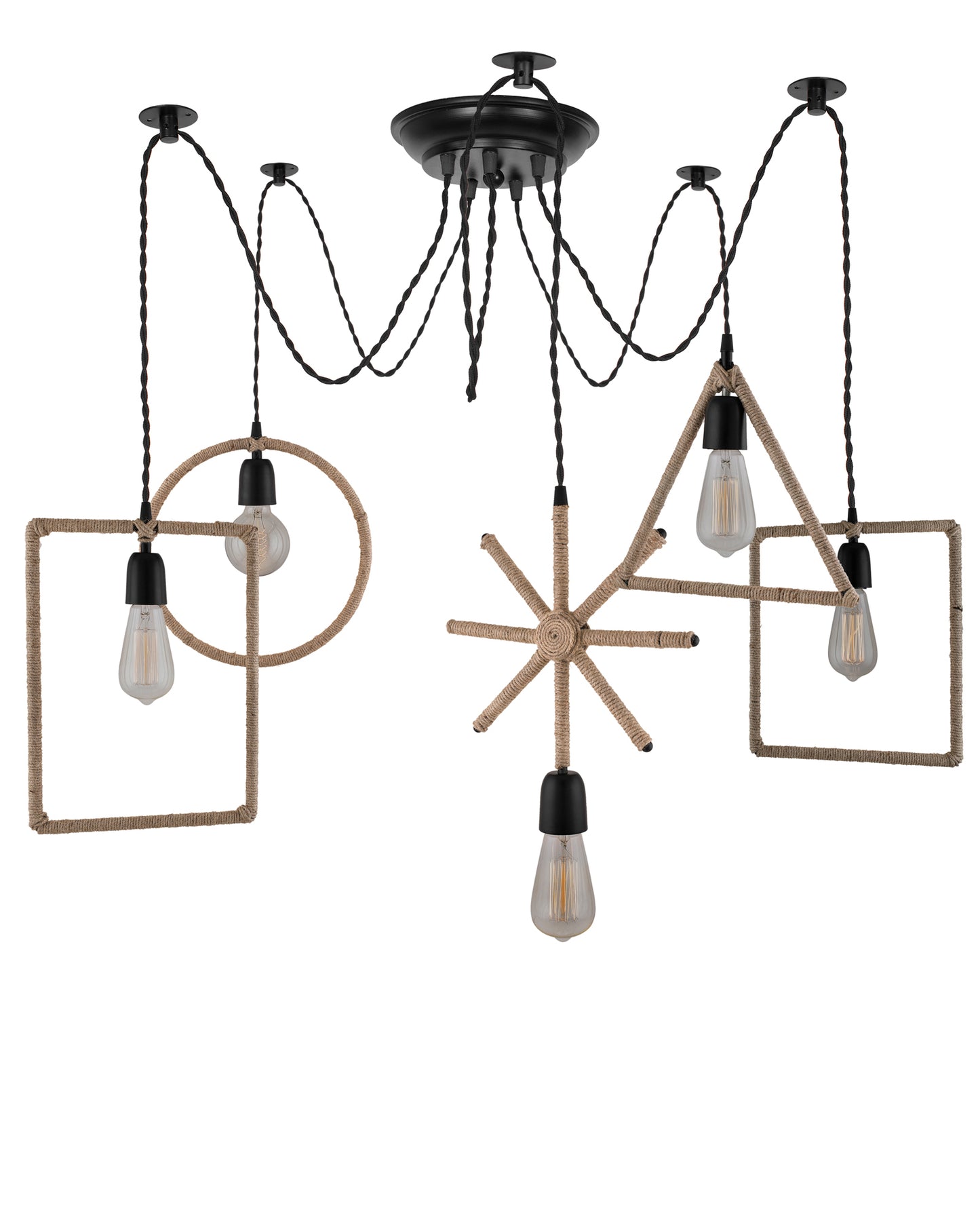 Arms Spider Chandelier Lamp, Triangle, Rectangle & Circle Metal Rope Lamp, Vintage Edison Style E 27 Adjustable DIY Ceiling Pendant Light, E27 Rustic Cluster Hanging Light(1.25 M, Black Twisted Wire)