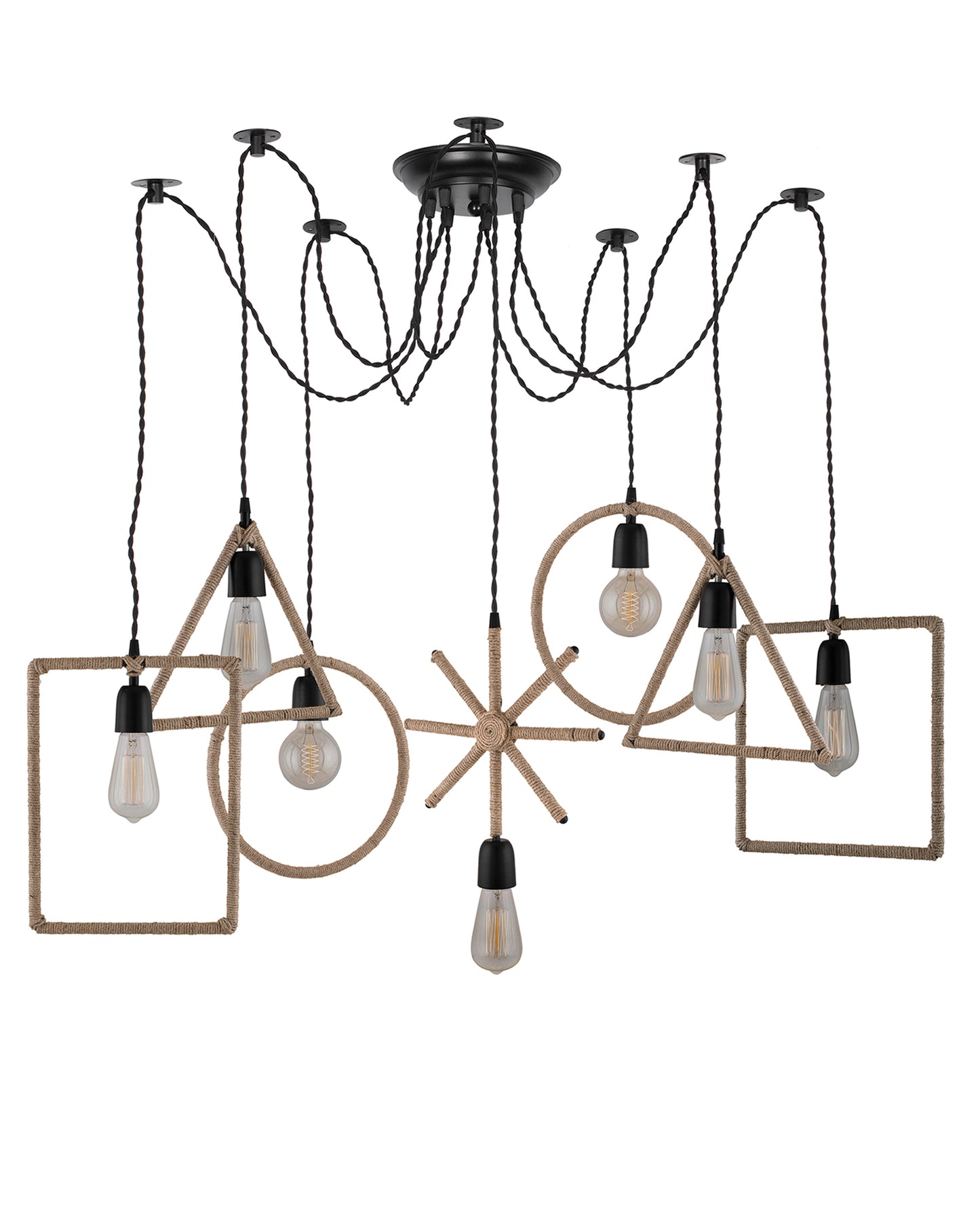Arms Spider Chandelier Lamp, Triangle, Rectangle & Circle Metal Rope Lamp, Vintage Edison Style E 27 Adjustable DIY Ceiling Pendant Light, E27 Rustic Cluster Hanging Light(1.25 M, Black Twisted Wire)