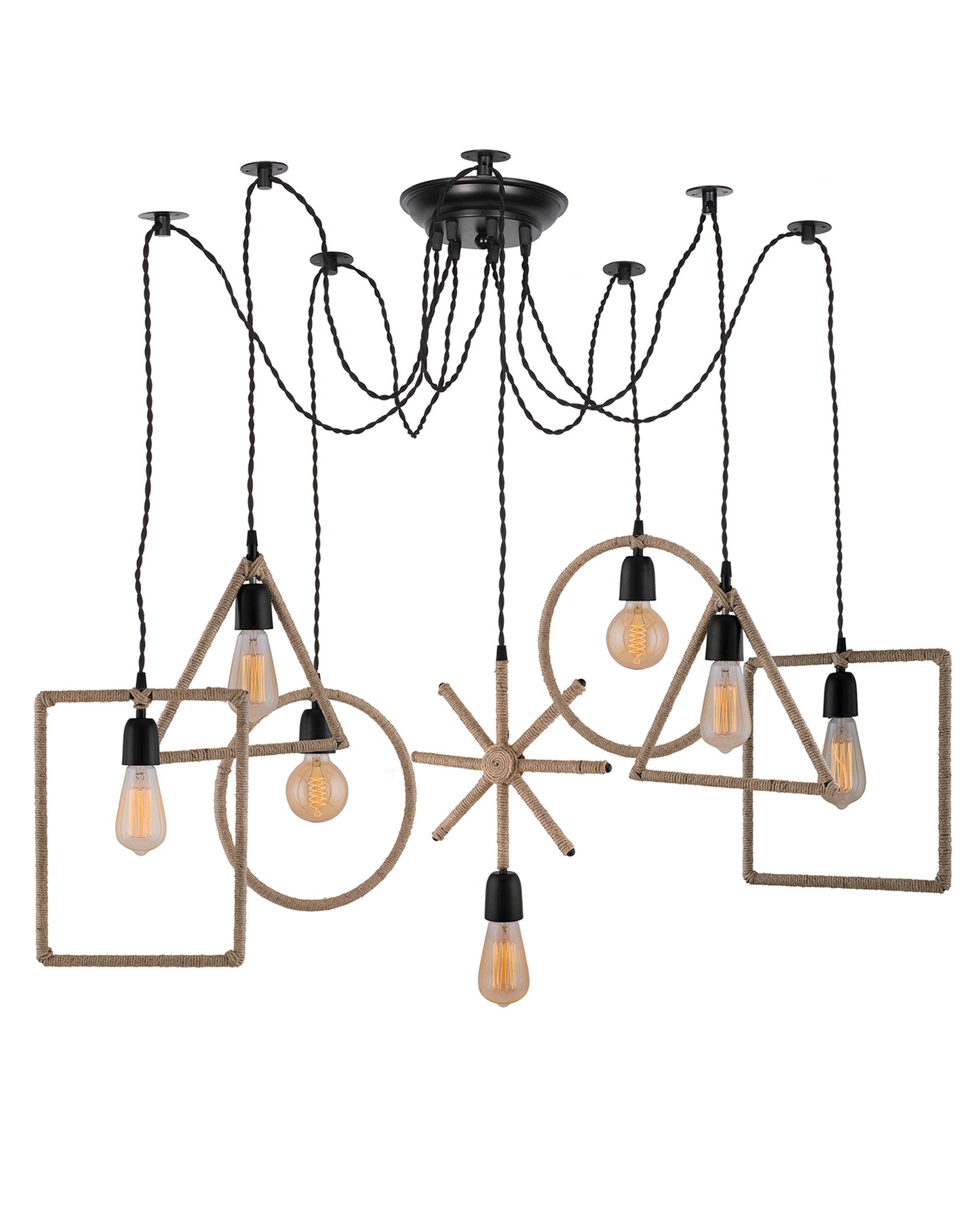 Arms Spider Chandelier Lamp, Triangle, Rectangle & Circle Metal Rope Lamp, Vintage Edison Style E 27 Adjustable DIY Ceiling Pendant Light, E27 Rustic Cluster Hanging Light(1.25 M, Black Twisted Wire)