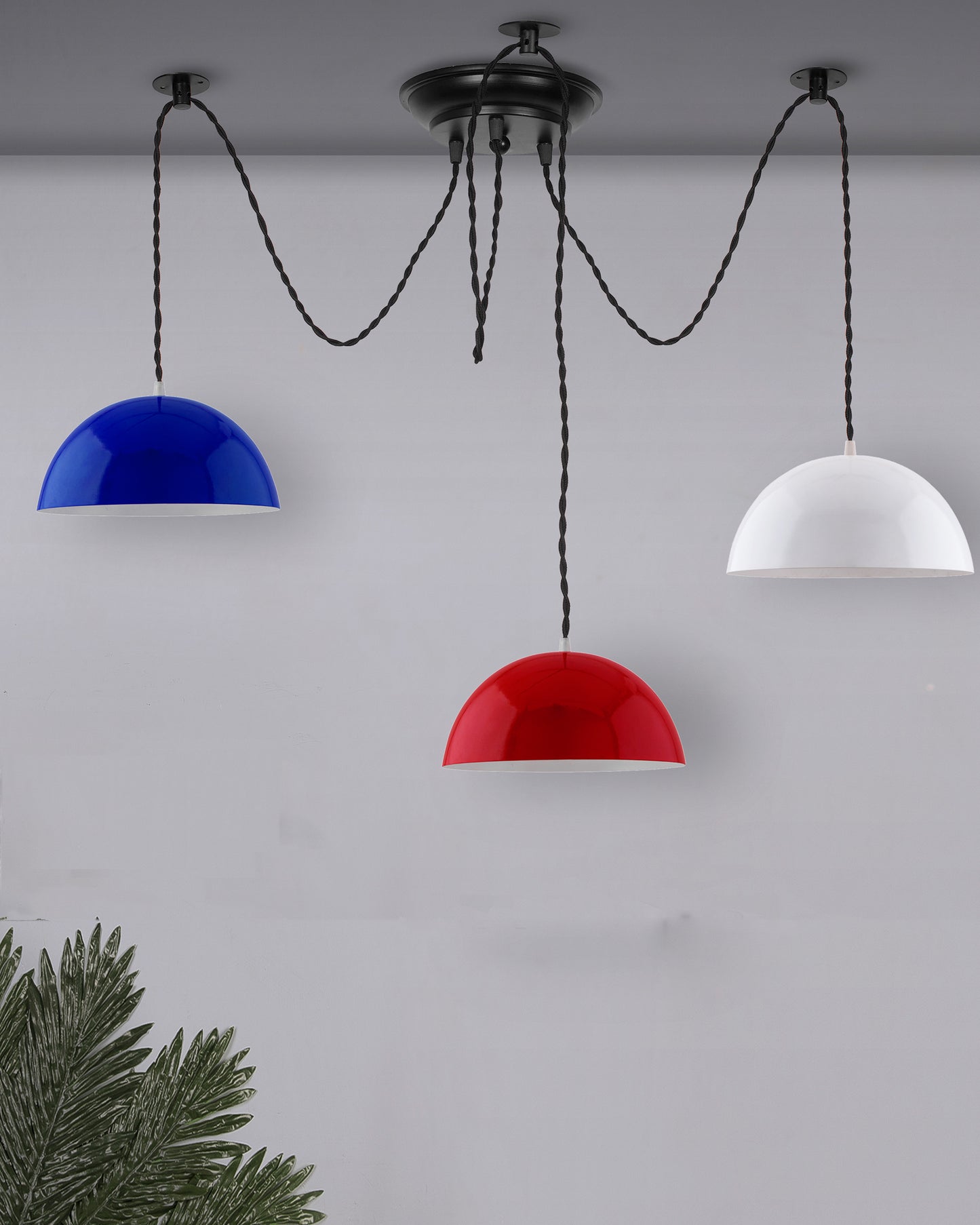 3 Arms Spider Chandelier Lamp, 10" Red, Blue & White Semi-Globe Pendant Lamp, Vintage Edison Style E 27 Adjustable DIY Ceiling Pendant Light, E27 Rustic Cluster Hanging Light(1.25 M, Black Twisted Wire)