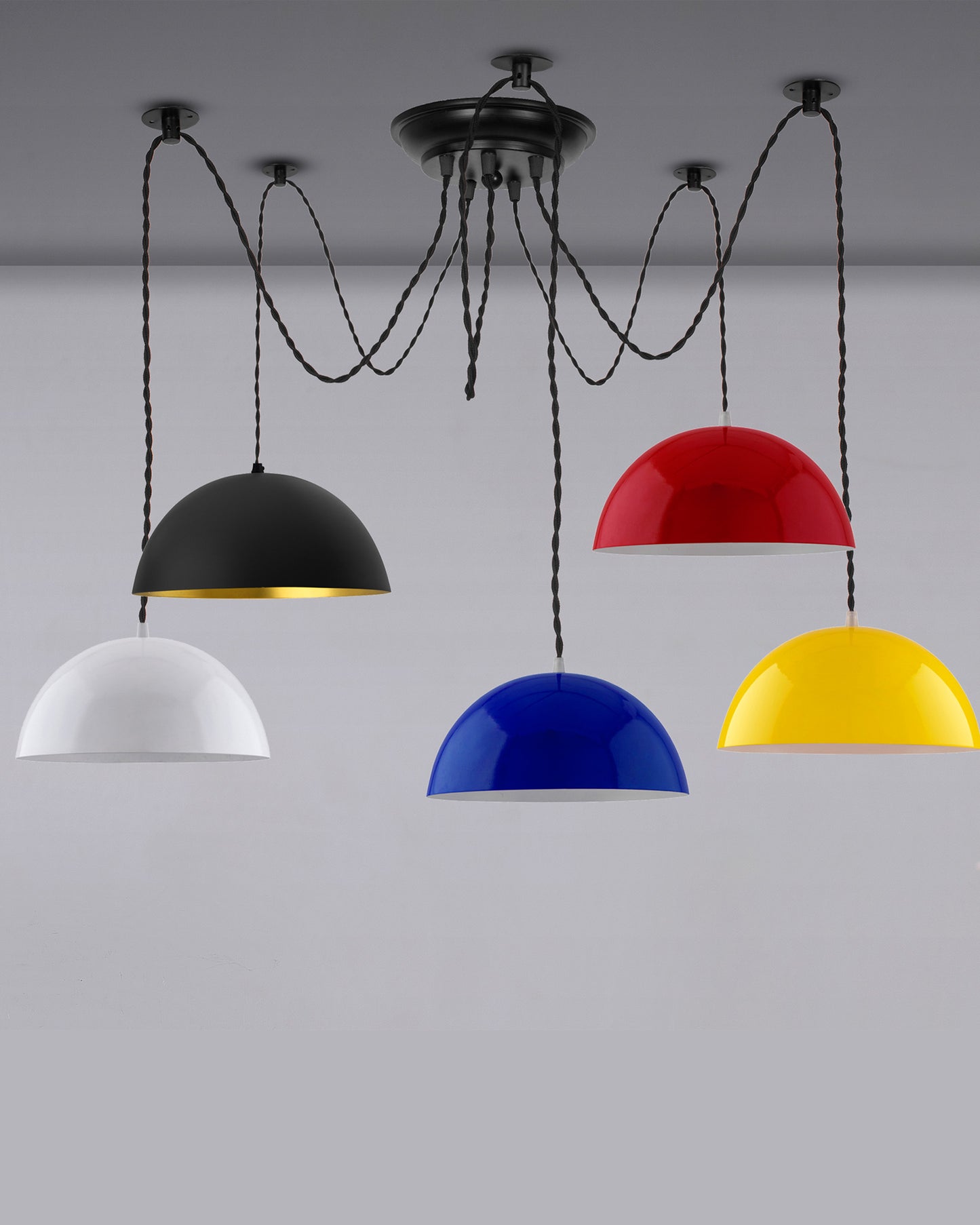 3 Arms Spider Chandelier Lamp, 10" Red, Blue & White Semi-Globe Pendant Lamp, Vintage Edison Style E 27 Adjustable DIY Ceiling Pendant Light, E27 Rustic Cluster Hanging Light(1.25 M, Black Twisted Wire)