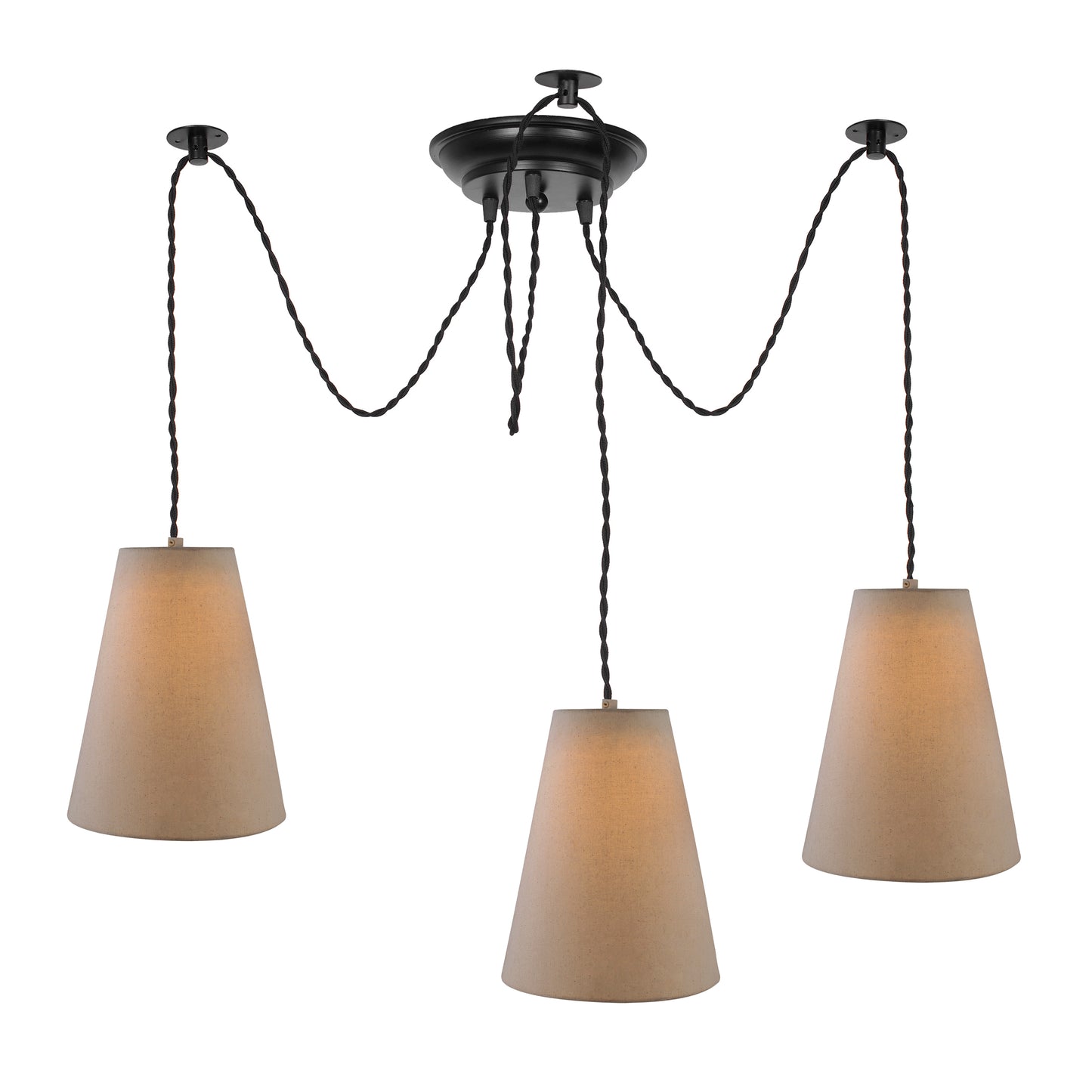 3 Arms Spider Chandelier Lamp, Fabric Cone Shade, Vintage Edison Style E 27 Adjustable DIY Ceiling Pendant Light, E27 Rustic Cluster Hanging Light(1.25 M, Black Twisted Wire)