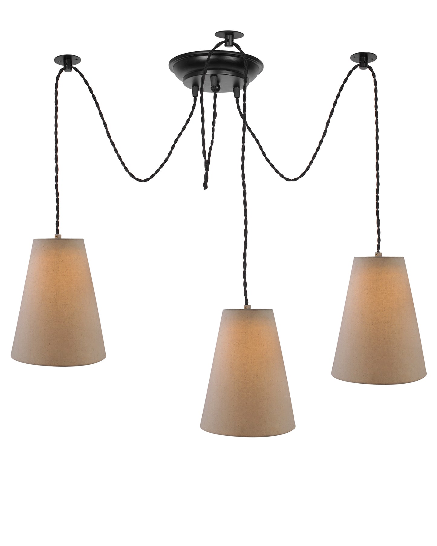 3 Arms Spider Chandelier Lamp, Fabric Cone Shade, Vintage Edison Style E 27 Adjustable DIY Ceiling Pendant Light, E27 Rustic Cluster Hanging Light(1.25 M, Black Twisted Wire)