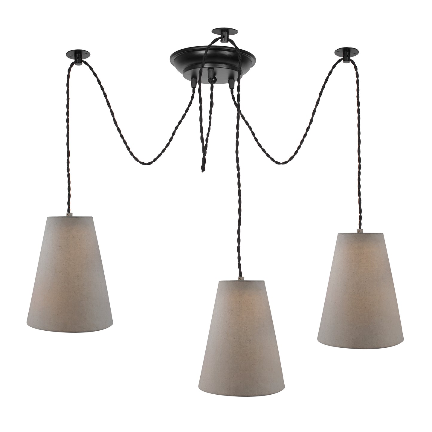 3 Arms Spider Chandelier Lamp, Fabric Cone Shade, Vintage Edison Style E 27 Adjustable DIY Ceiling Pendant Light, E27 Rustic Cluster Hanging Light(1.25 M, Black Twisted Wire)