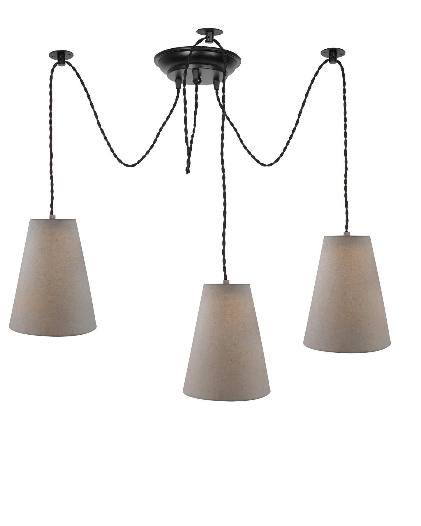 3 Arms Spider Chandelier Lamp, Fabric Cone Shade, Vintage Edison Style E 27 Adjustable DIY Ceiling Pendant Light, E27 Rustic Cluster Hanging Light(1.25 M, Black Twisted Wire)