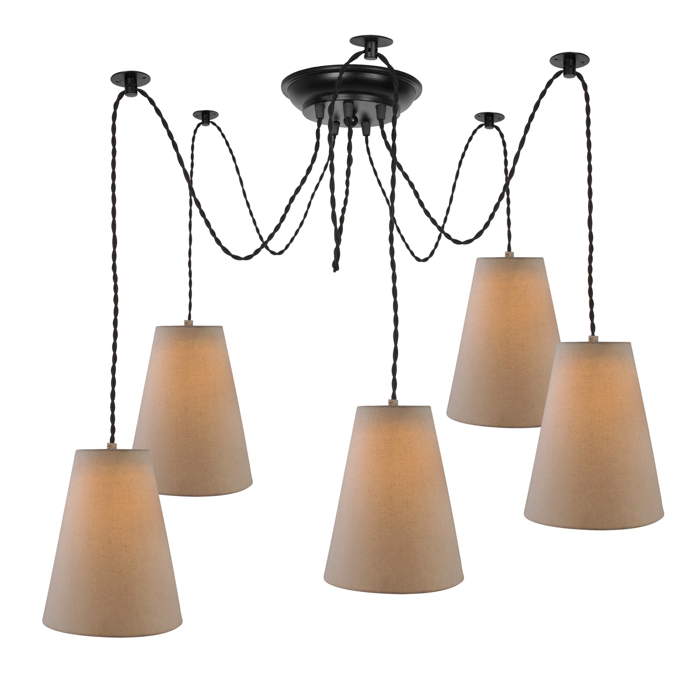 3 Arms Spider Chandelier Lamp, Fabric Cone Shade, Vintage Edison Style E 27 Adjustable DIY Ceiling Pendant Light, E27 Rustic Cluster Hanging Light(1.25 M, Black Twisted Wire)