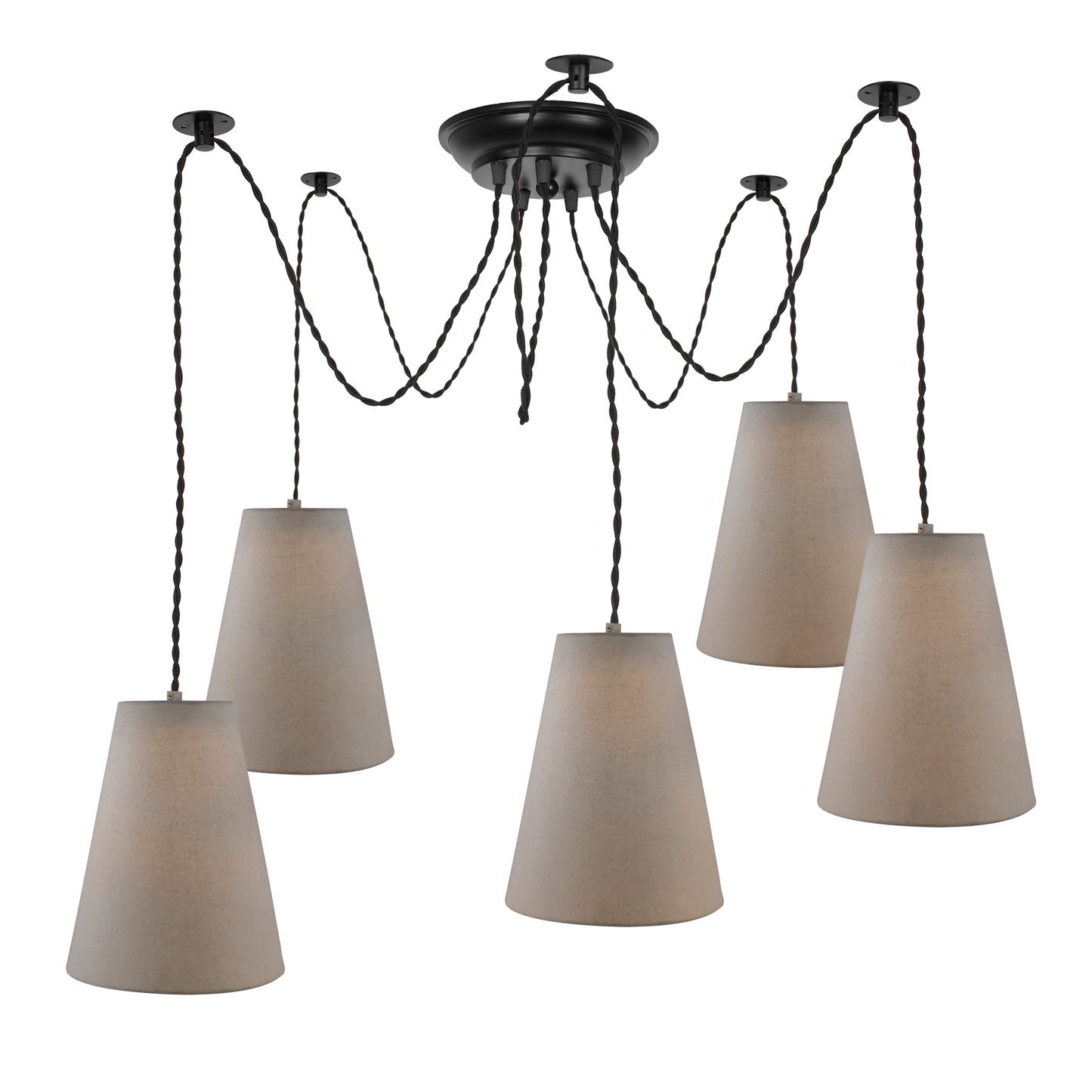 3 Arms Spider Chandelier Lamp, Fabric Cone Shade, Vintage Edison Style E 27 Adjustable DIY Ceiling Pendant Light, E27 Rustic Cluster Hanging Light(1.25 M, Black Twisted Wire)