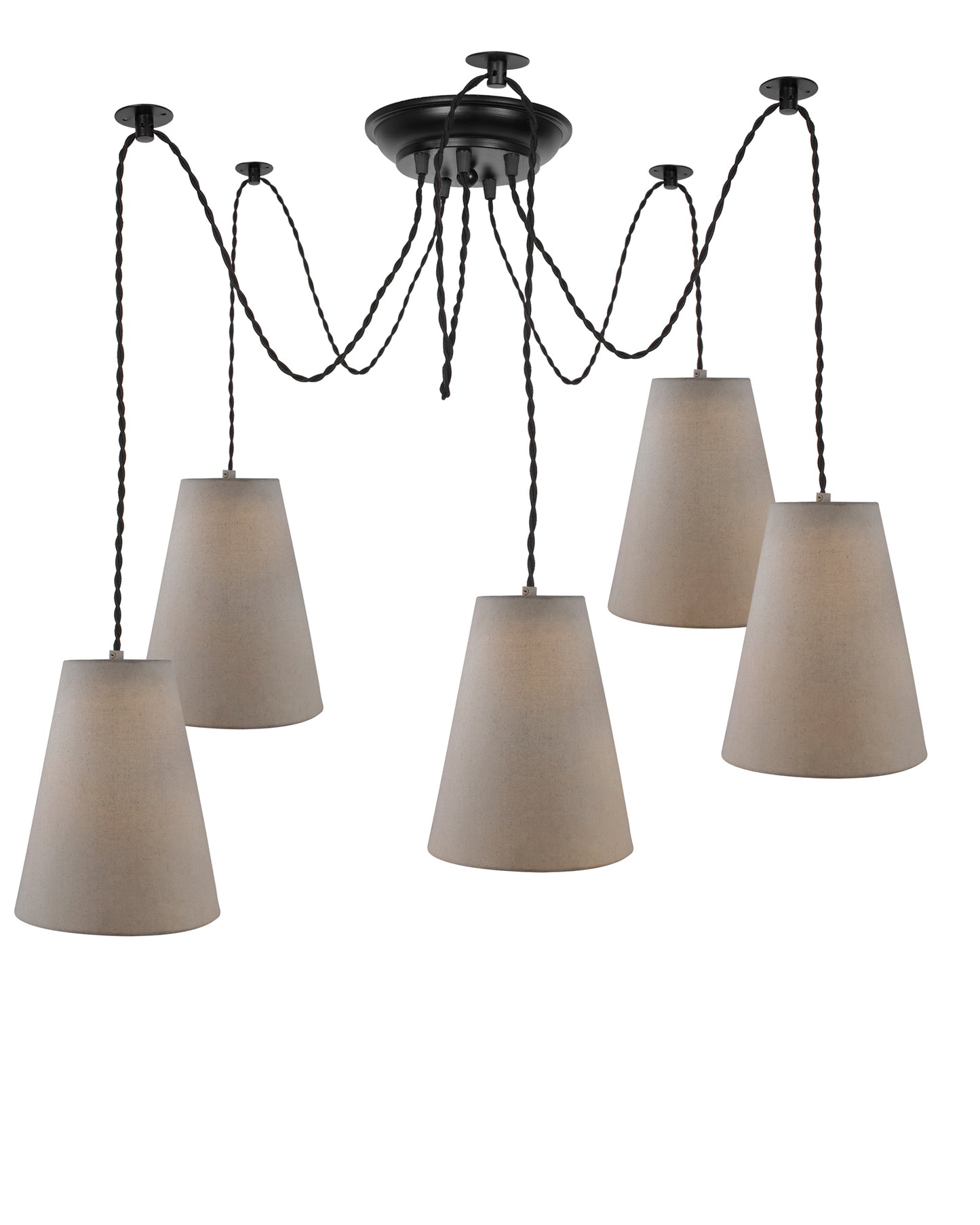 3 Arms Spider Chandelier Lamp, Fabric Cone Shade, Vintage Edison Style E 27 Adjustable DIY Ceiling Pendant Light, E27 Rustic Cluster Hanging Light(1.25 M, Black Twisted Wire)