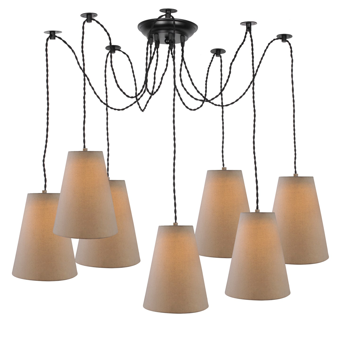 3 Arms Spider Chandelier Lamp, Fabric Cone Shade, Vintage Edison Style E 27 Adjustable DIY Ceiling Pendant Light, E27 Rustic Cluster Hanging Light(1.25 M, Black Twisted Wire)