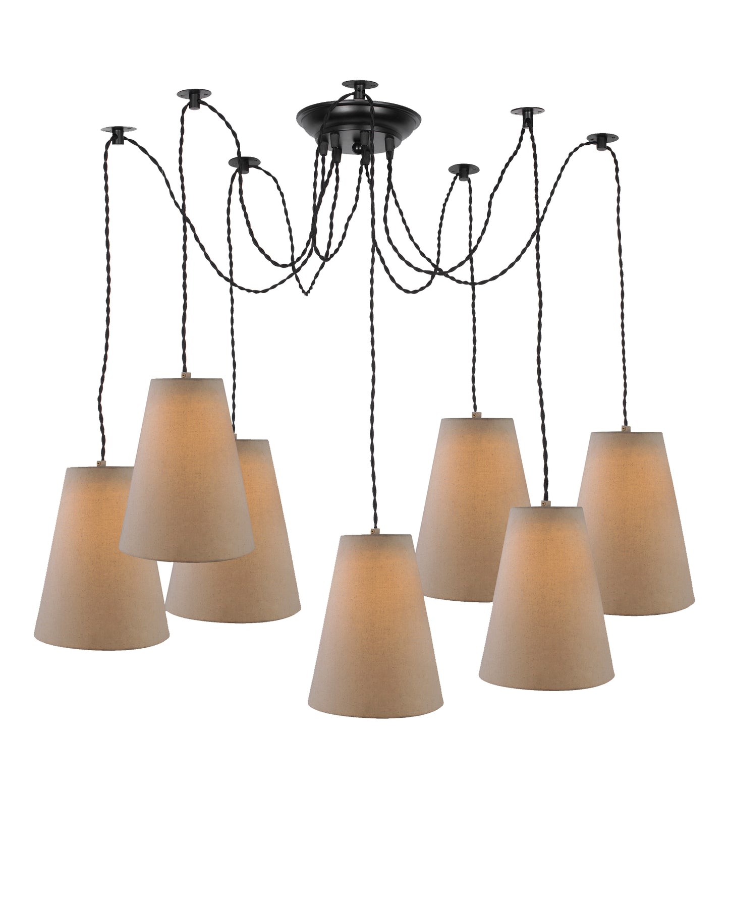 3 Arms Spider Chandelier Lamp, Fabric Cone Shade, Vintage Edison Style E 27 Adjustable DIY Ceiling Pendant Light, E27 Rustic Cluster Hanging Light(1.25 M, Black Twisted Wire)