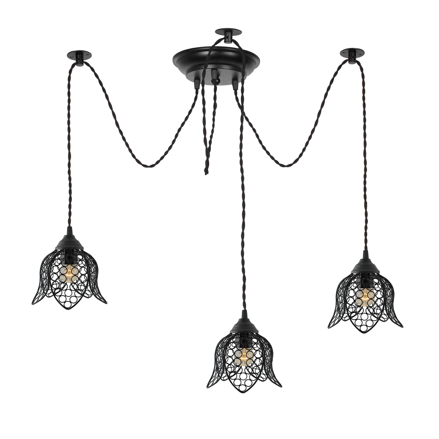 3 Arms Spider Chandelier Lamp, Vintage Edison Style E 27 Adjustable DIY Ceiling Pendant Light, E27 Rustic Cluster Hanging Light(1.25 M, Black Twisted Wire)