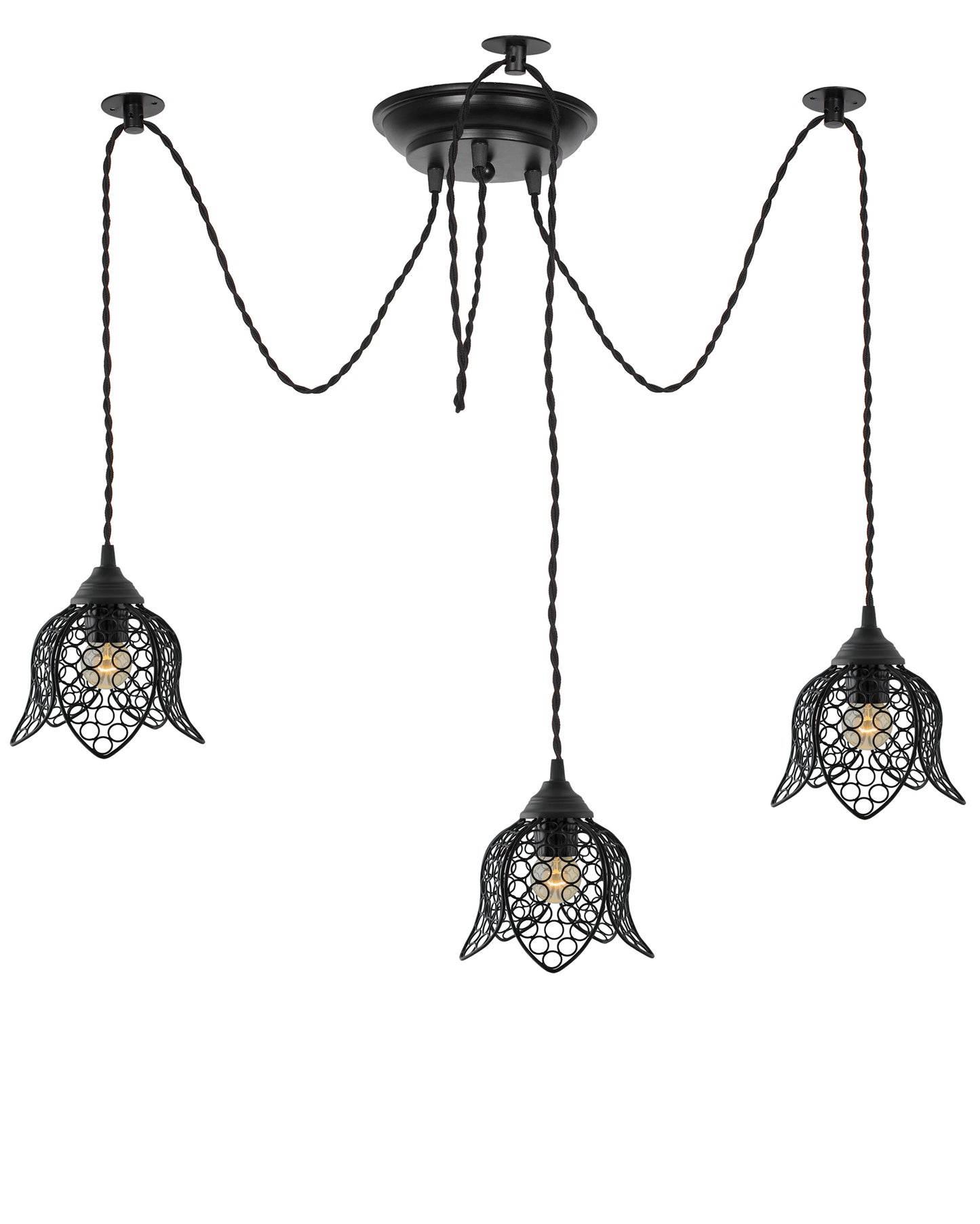 3 Arms Spider Chandelier Lamp, Vintage Edison Style E 27 Adjustable DIY Ceiling Pendant Light, E27 Rustic Cluster Hanging Light(1.25 M, Black Twisted Wire)