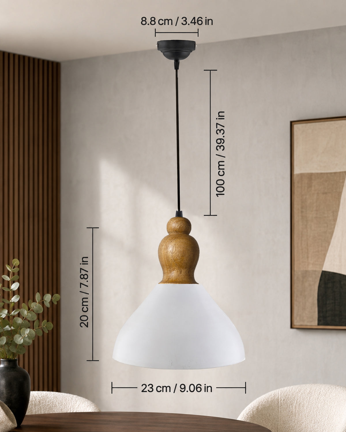 Nate Metal Wood Pendant Light, White Metal Natural Hanging Ceiling Light