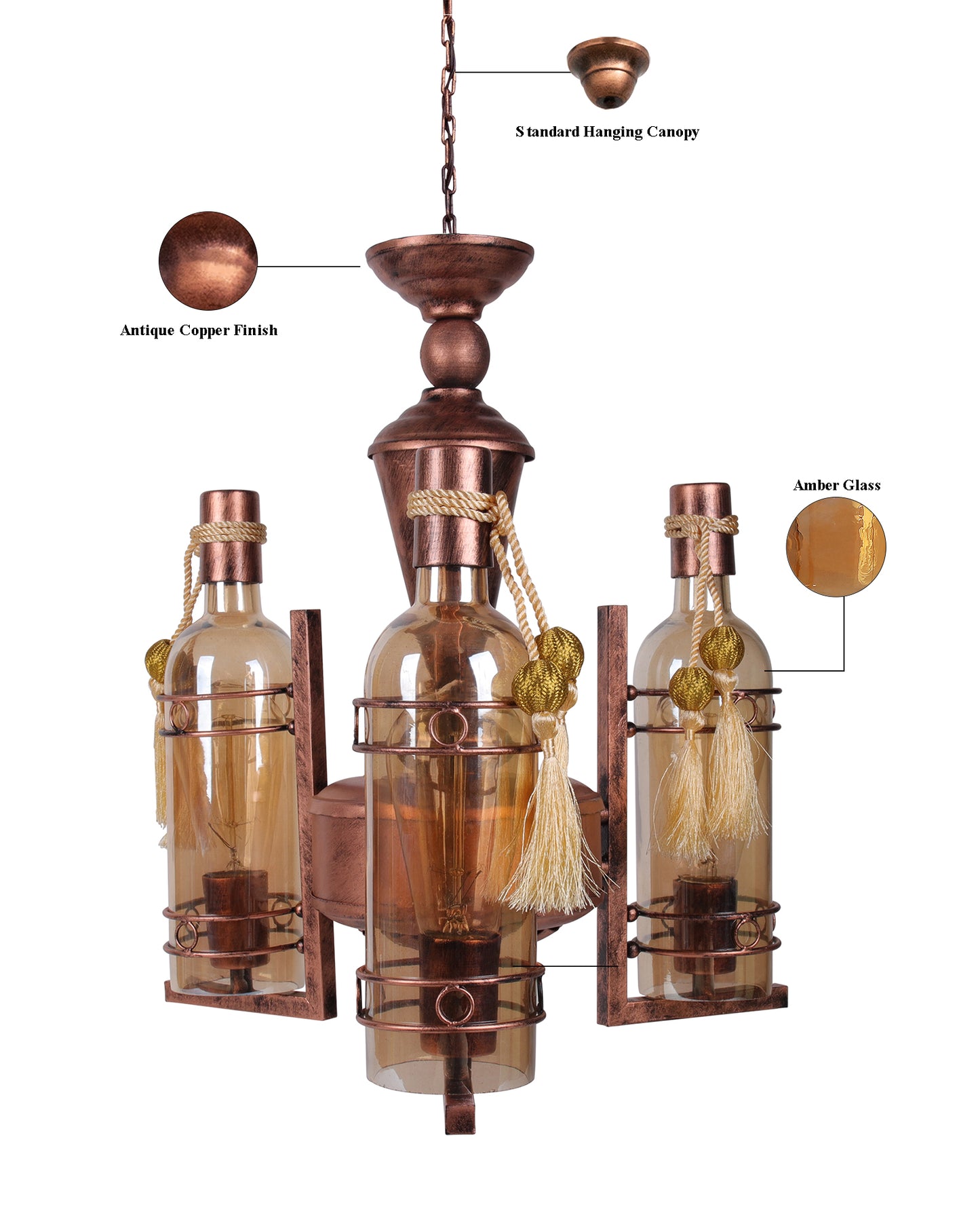 3-Light Oil Rubbed Antique Copper Rust Vintage Edison Chandelier, Glass Metal Jhoomar, Bottle