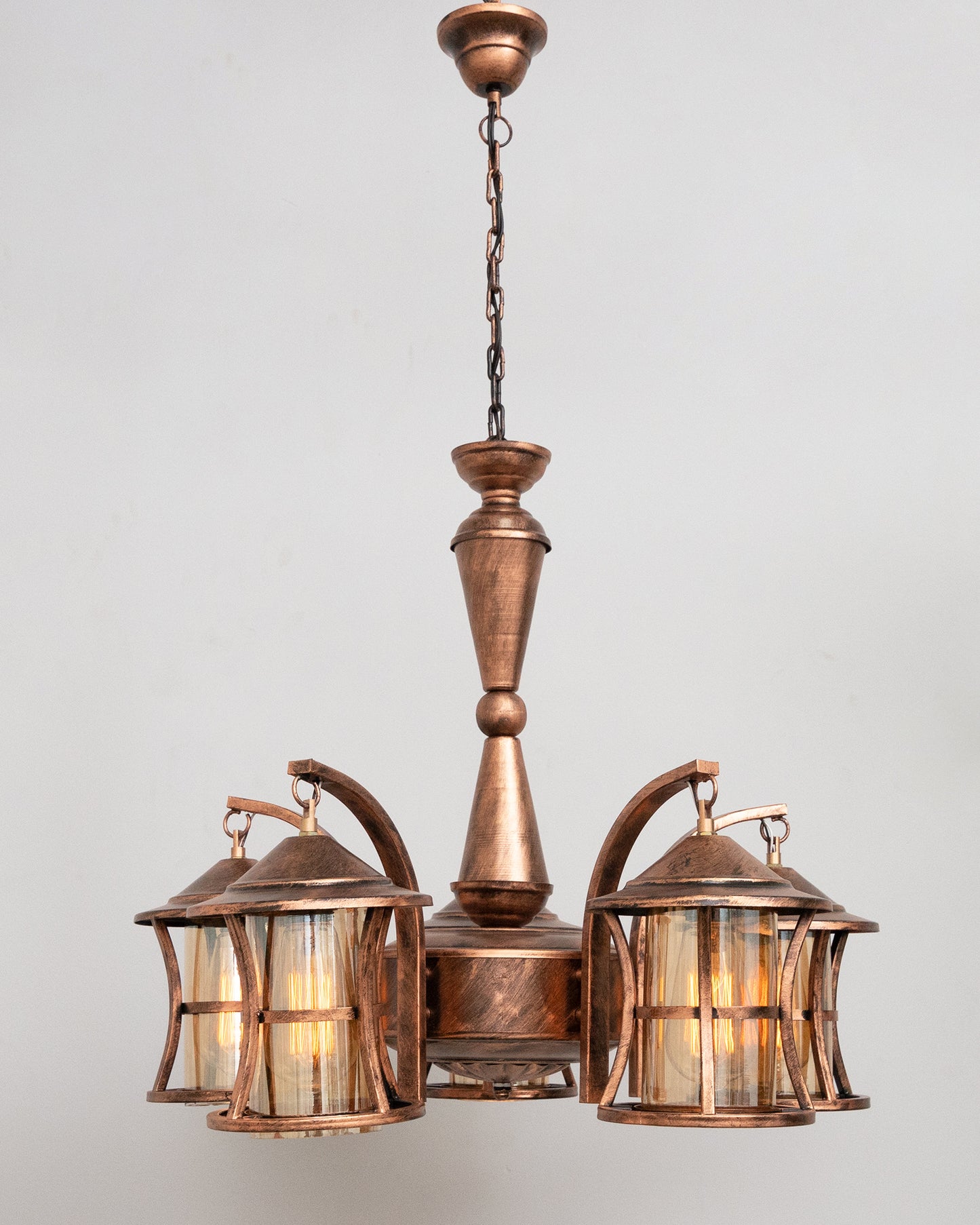 5-Light Oil Rubbed Antique Copper Rust Vintage Edison Chandelier, Glass Metal Jhoomar, Lantern