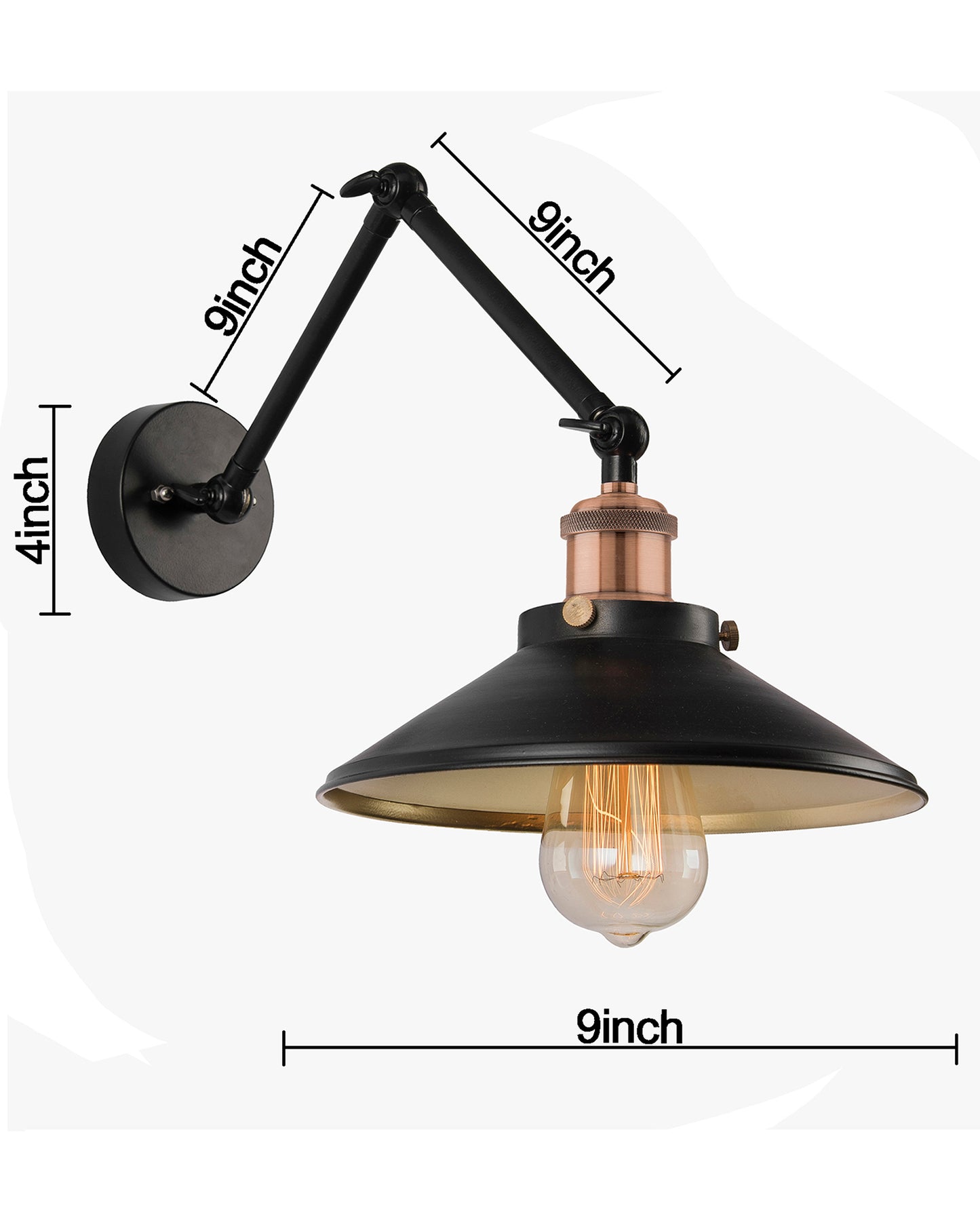 Edison Black 360 Cone Shade Wall Lamp, Vintage Industrial Loft, E27 Holder, Decorative, Swing Wall Light, Triple movement
