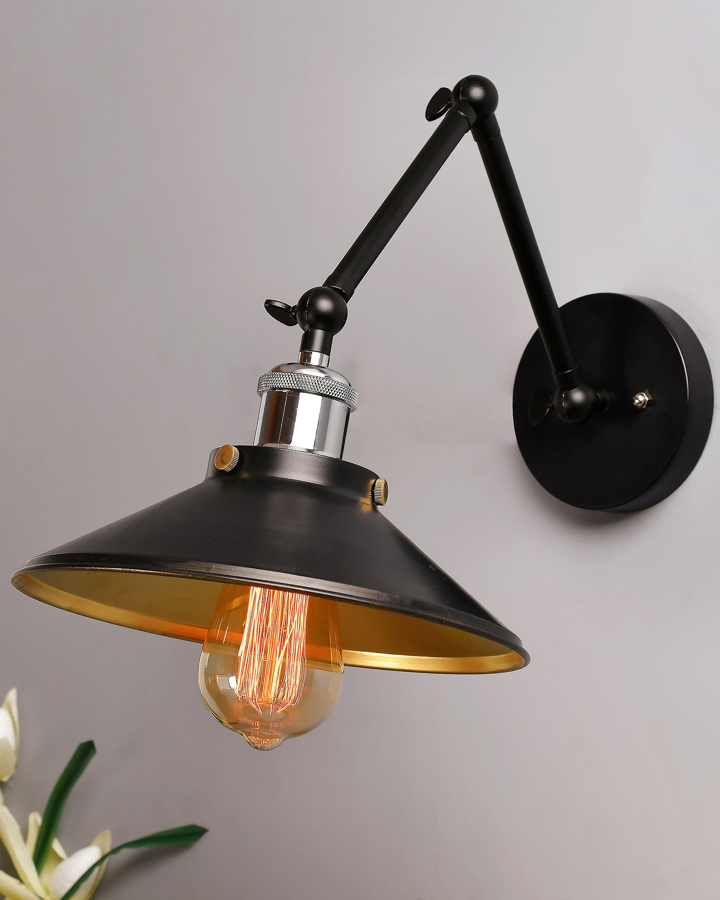 Edison Black 360 Cone Shade Wall Lamp, Vintage Industrial Loft, E27 Holder, Decorative, Swing Wall Light, Triple movement