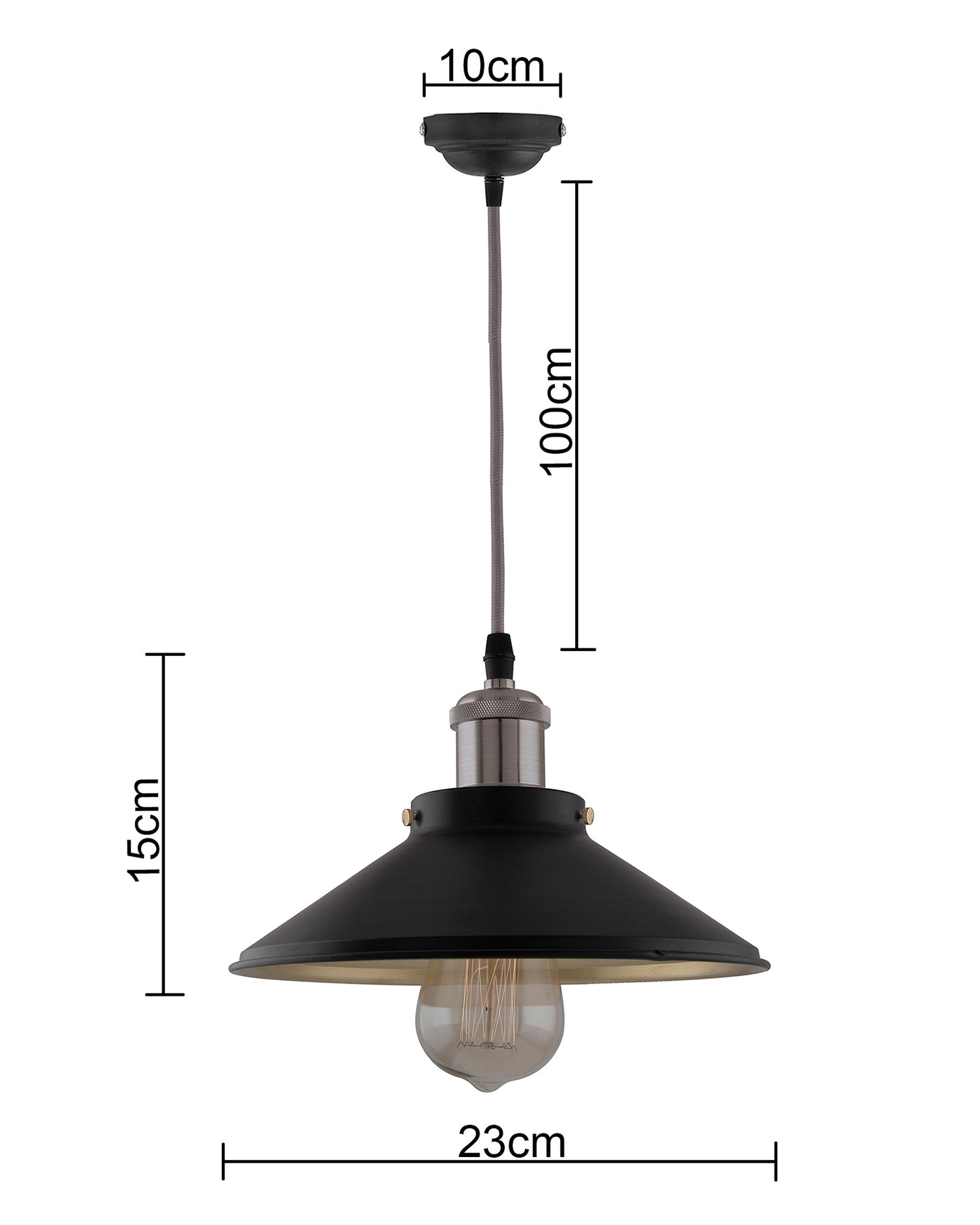 Single Black Cone Pendant with Nickel Holder, E27, Modern Nordic Hanging Ceiling Light