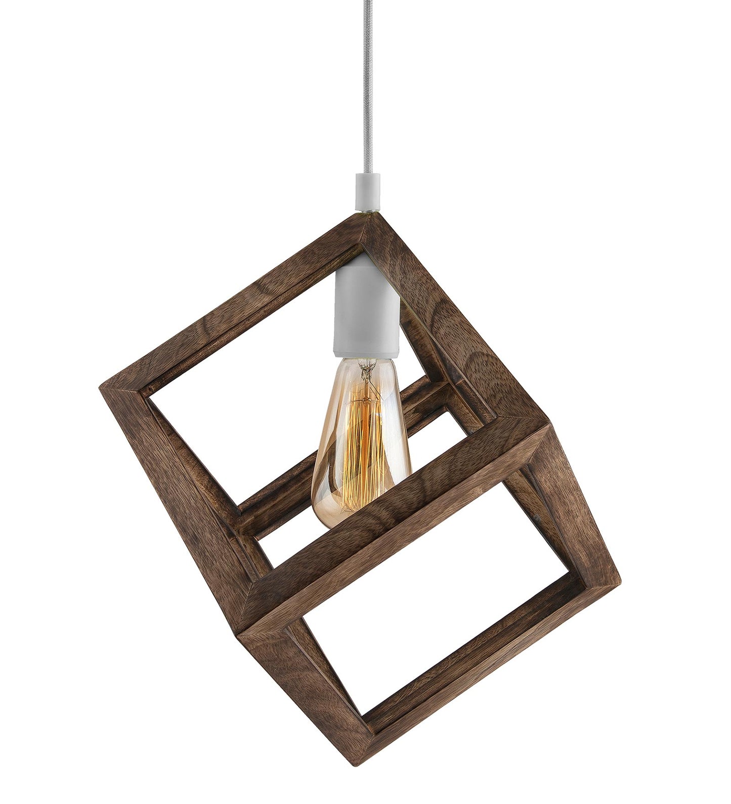 Modern Antique Wooden Pendant Cube Light, with White Silicon Holder, Restaurant Dining Kitchen Hanging Light with Fixture, LED/Filament