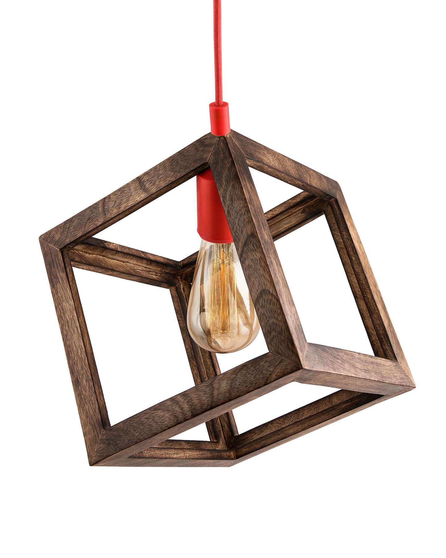 Modern Antique Wooden Pendant Cube Light, with White Silicon Holder, Restaurant Dining Kitchen Hanging Light with Fixture, LED/Filament