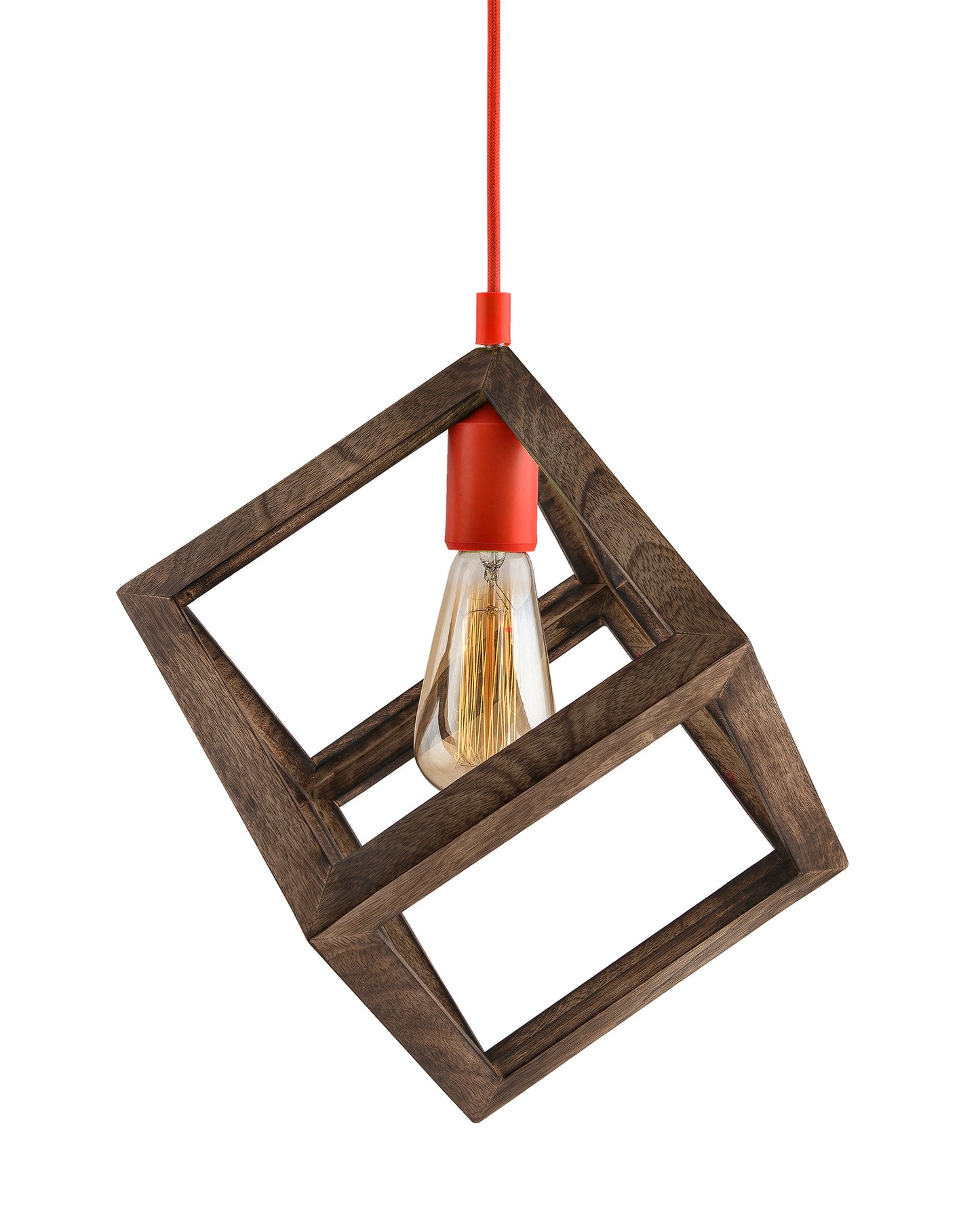 Modern Antique Wooden Pendant Cube Light, with White Silicon Holder, Restaurant Dining Kitchen Hanging Light with Fixture, LED/Filament