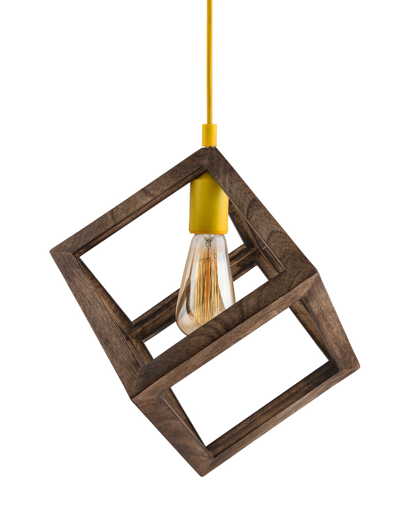 Modern Antique Wooden Pendant Cube Light, with White Silicon Holder, Restaurant Dining Kitchen Hanging Light with Fixture, LED/Filament