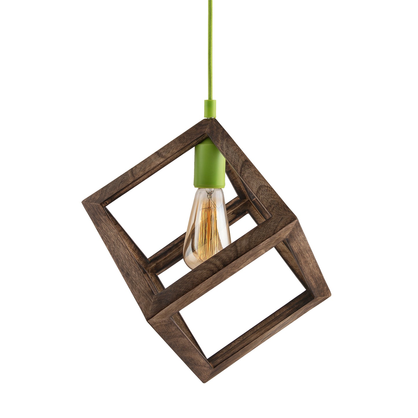 Modern Antique Wooden Pendant Cube Light, with White Silicon Holder, Restaurant Dining Kitchen Hanging Light with Fixture, LED/Filament