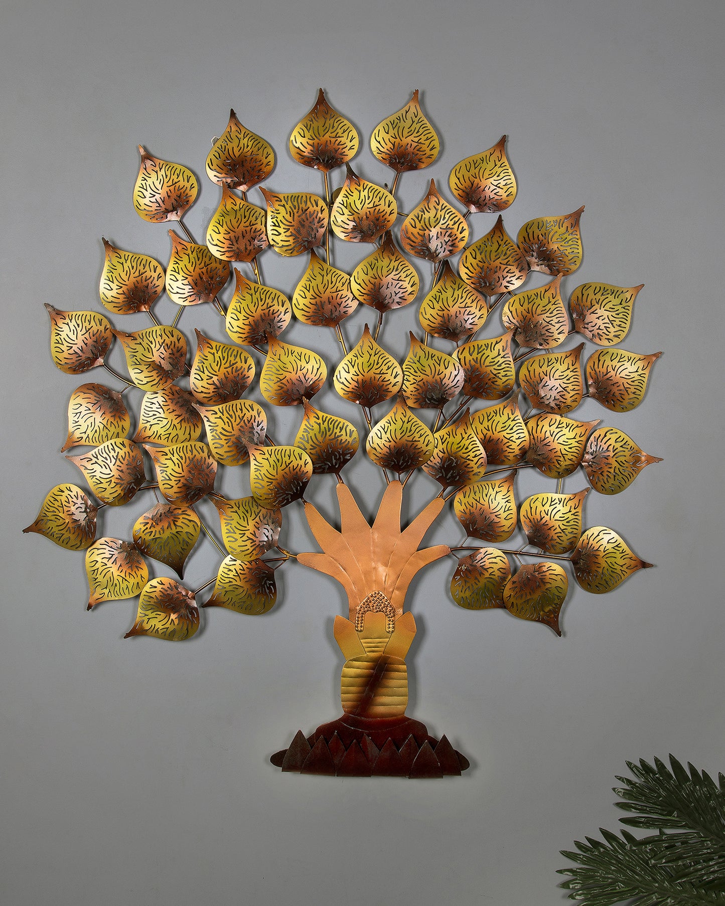 Metal Handmade Golden Tree of Life, Wisdom, Knowledge Wall Hanging Art Decor Sculpture with Buddha Sitting Tree for Living Room, Office, 37* 27 inch