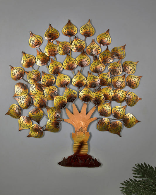 Metal Handmade Golden Tree of Life, Wisdom, Knowledge Wall Hanging Art Decor Sculpture with Buddha Sitting Tree for Living Room, Office, 37* 27 inch