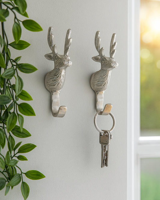 Handmade Deer Head Wall Hook Decorative - Antique Aluminium Wall Mounted Utility Hooks - Large Decorative heavy Duty Hooks For Mounting, Set of 2
