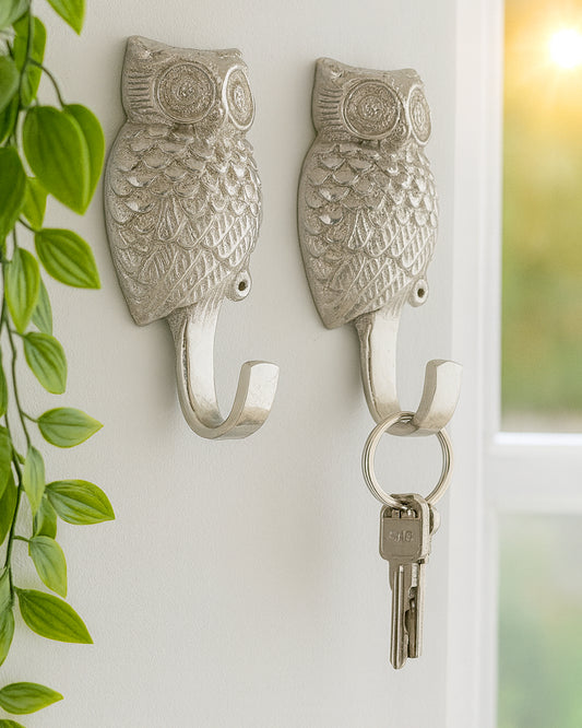 Handmade Owl Wall Hook Decorative - Antique Aluminium Wall Mounted Utility Hooks - Large Decorative heavy Duty Hooks For Mounting, Set of 2