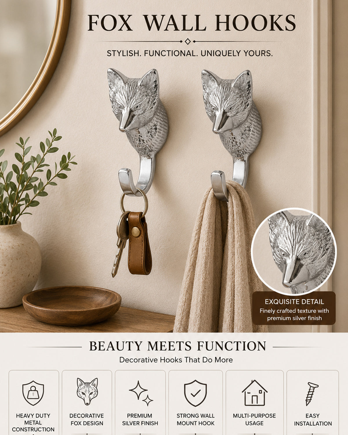 Handmade Fox Head Wall Hook Decorative - Antique Aluminium Wall Mounted Utility Hooks - Large Decorative heavy Duty Hooks For Mounting, Set of 2