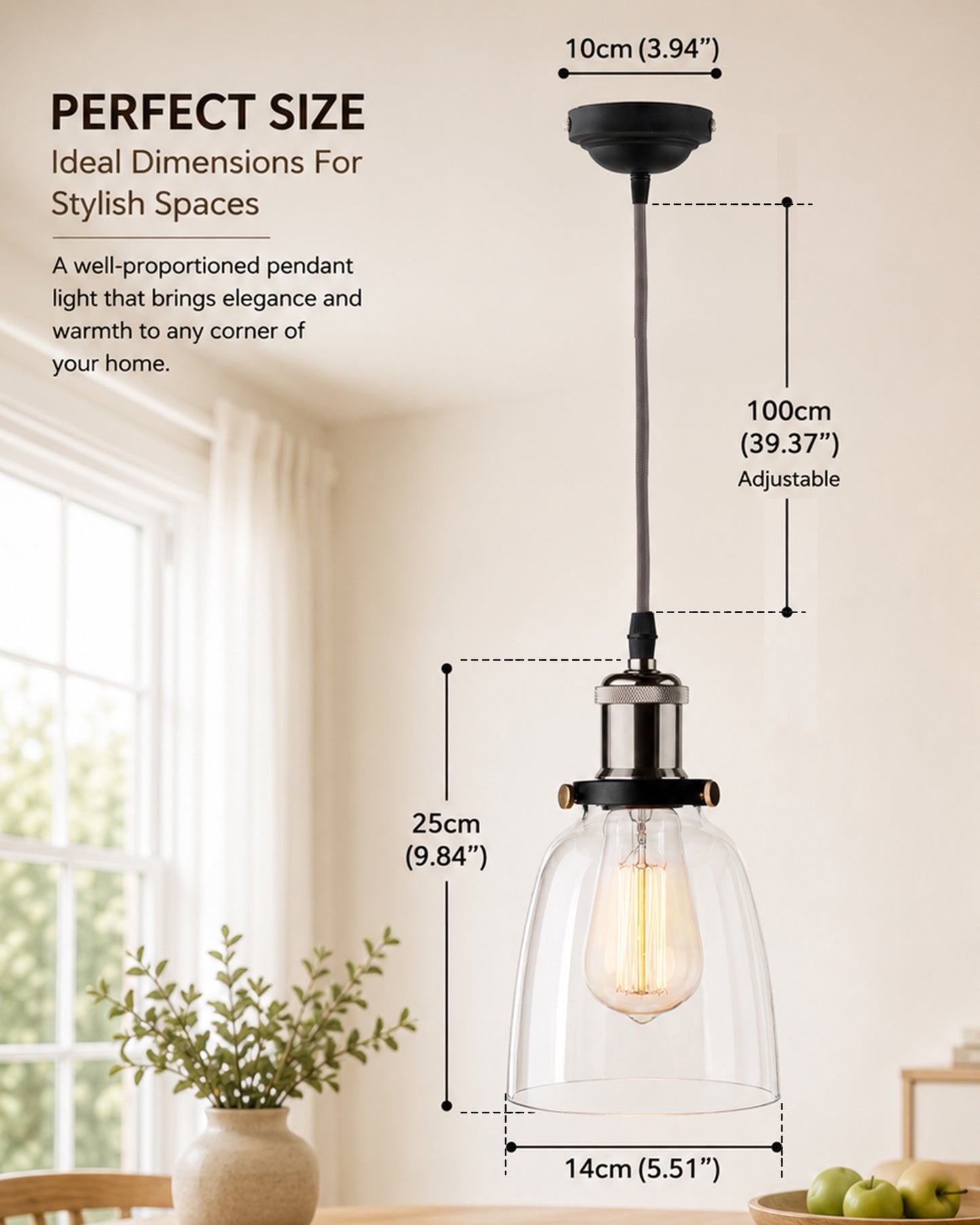 Pendant Light with Bell Glass Shade, Metal Base Cap and Adjustable Textile Cord, Industrial Style Retro Hanging Lamps for Dining Living Room, Nickel