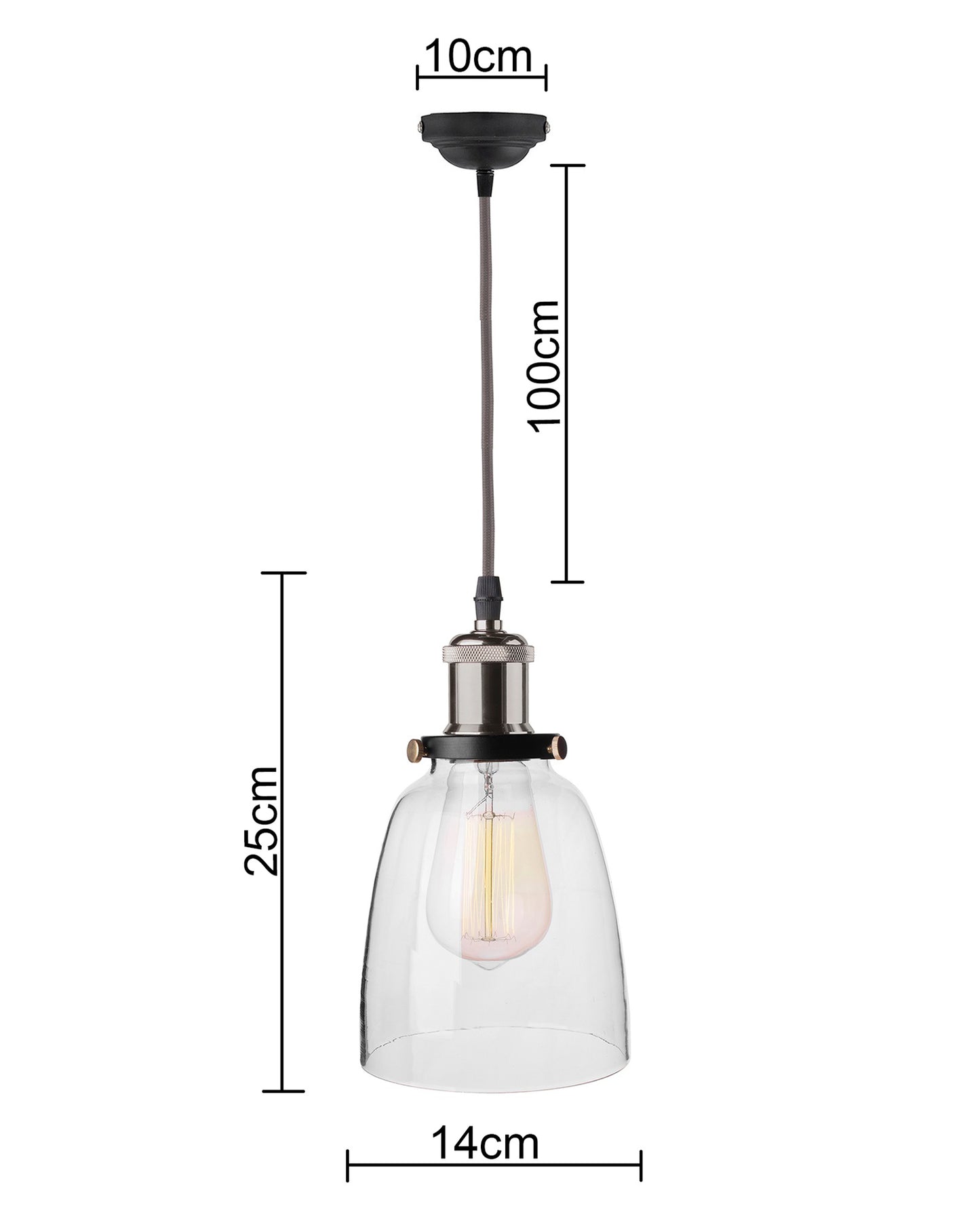 Pendant Light with Bell Glass Shade, Metal Base Cap and Adjustable Textile Cord, Industrial Style Retro Hanging Lamps for Dining Living Room, Nickel