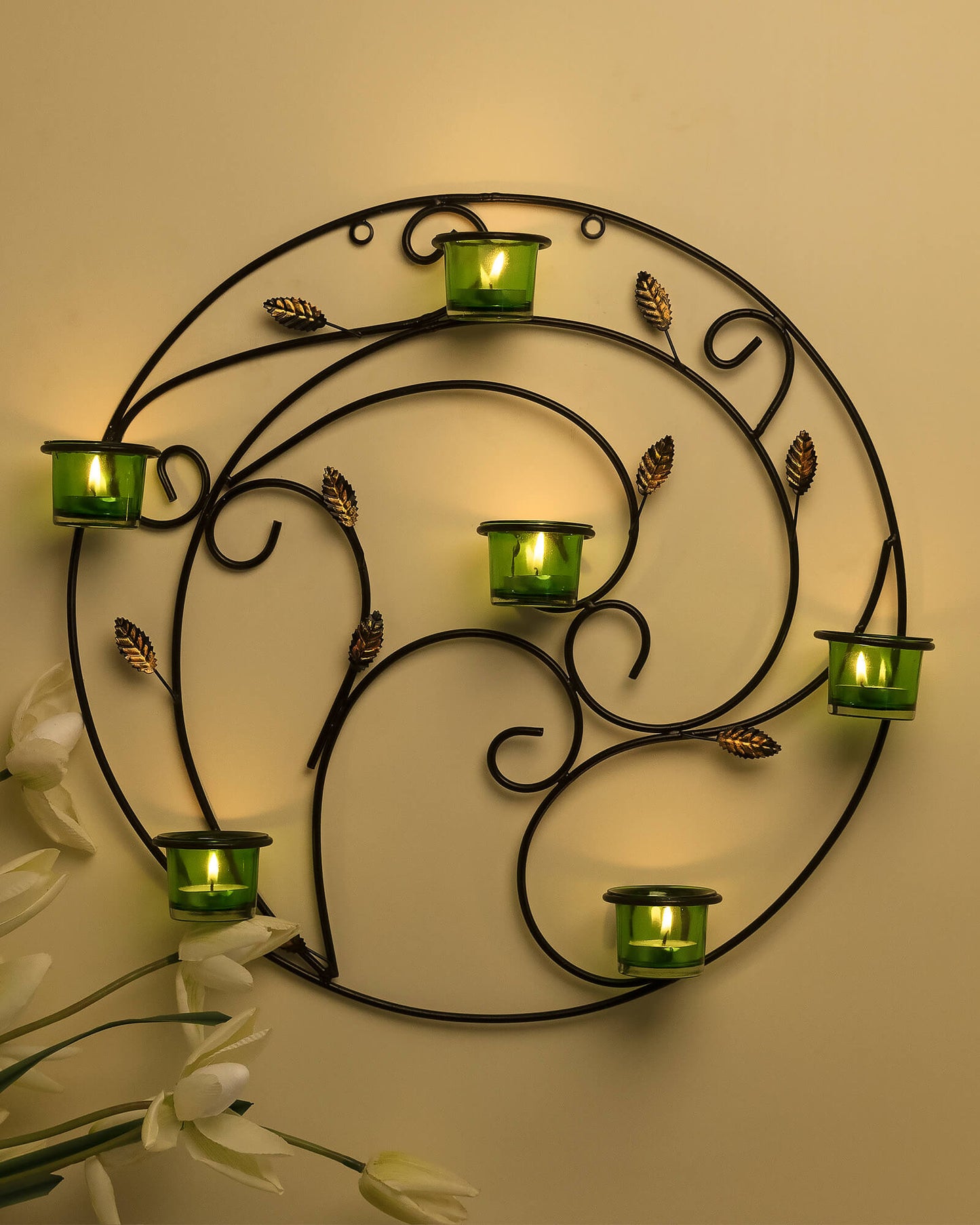 Round Wall Tealight Holder with Leafy Touch, Wall Decor Candle Stand