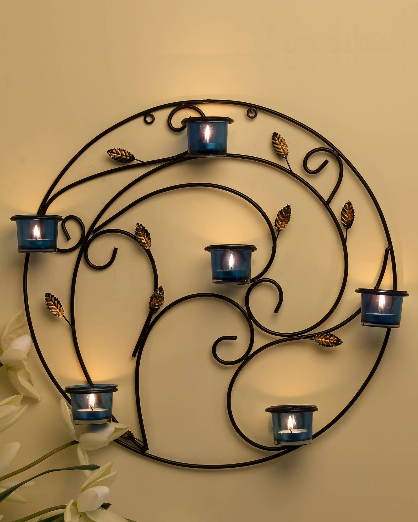 Round Wall Tealight Holder with Leafy Touch, Wall Decor Candle Stand