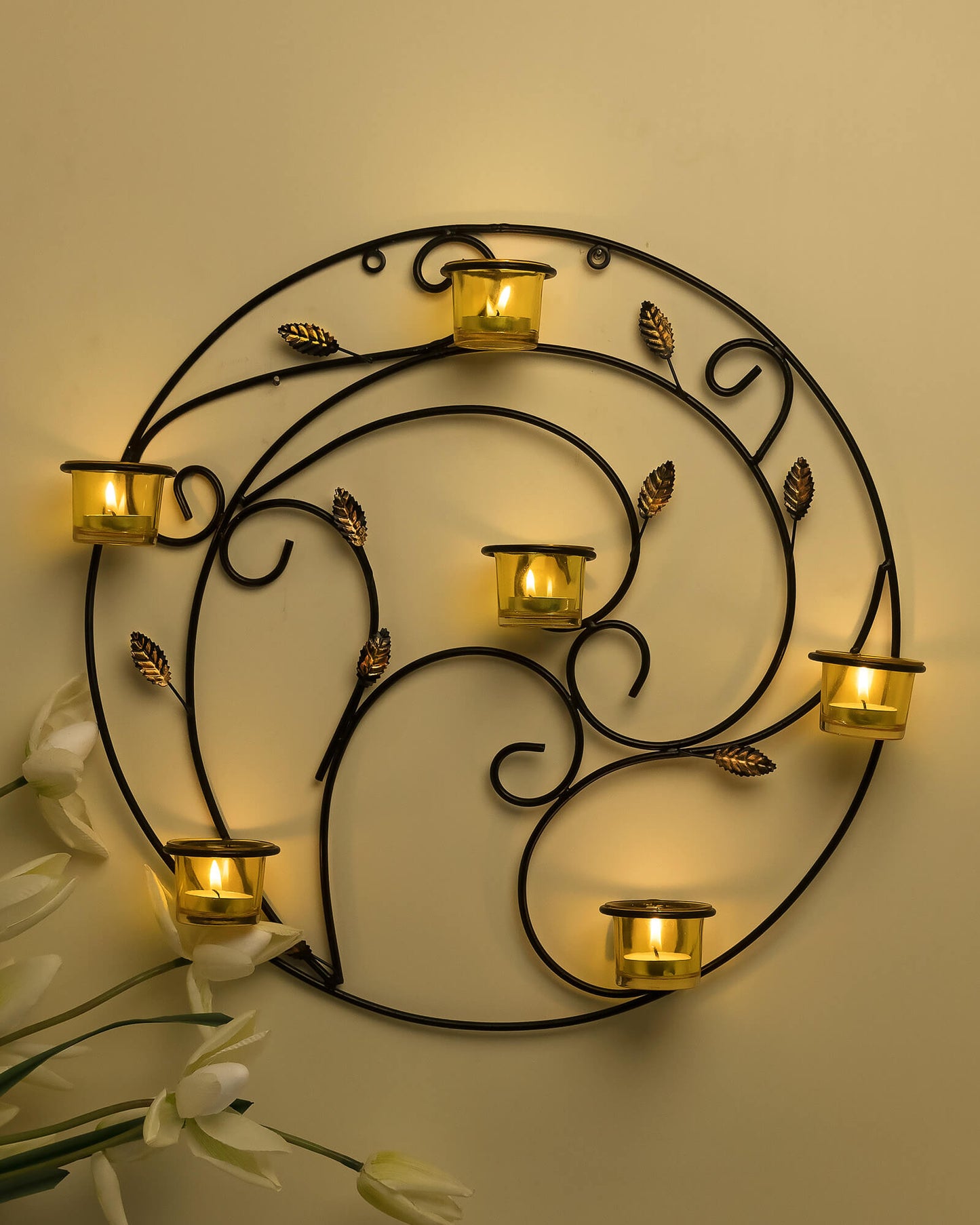 Round Wall Tealight Holder with Leafy Touch, Wall Decor Candle Stand