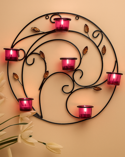 Round Wall Tealight Holder with Leafy Touch, Wall Decor Candle Stand