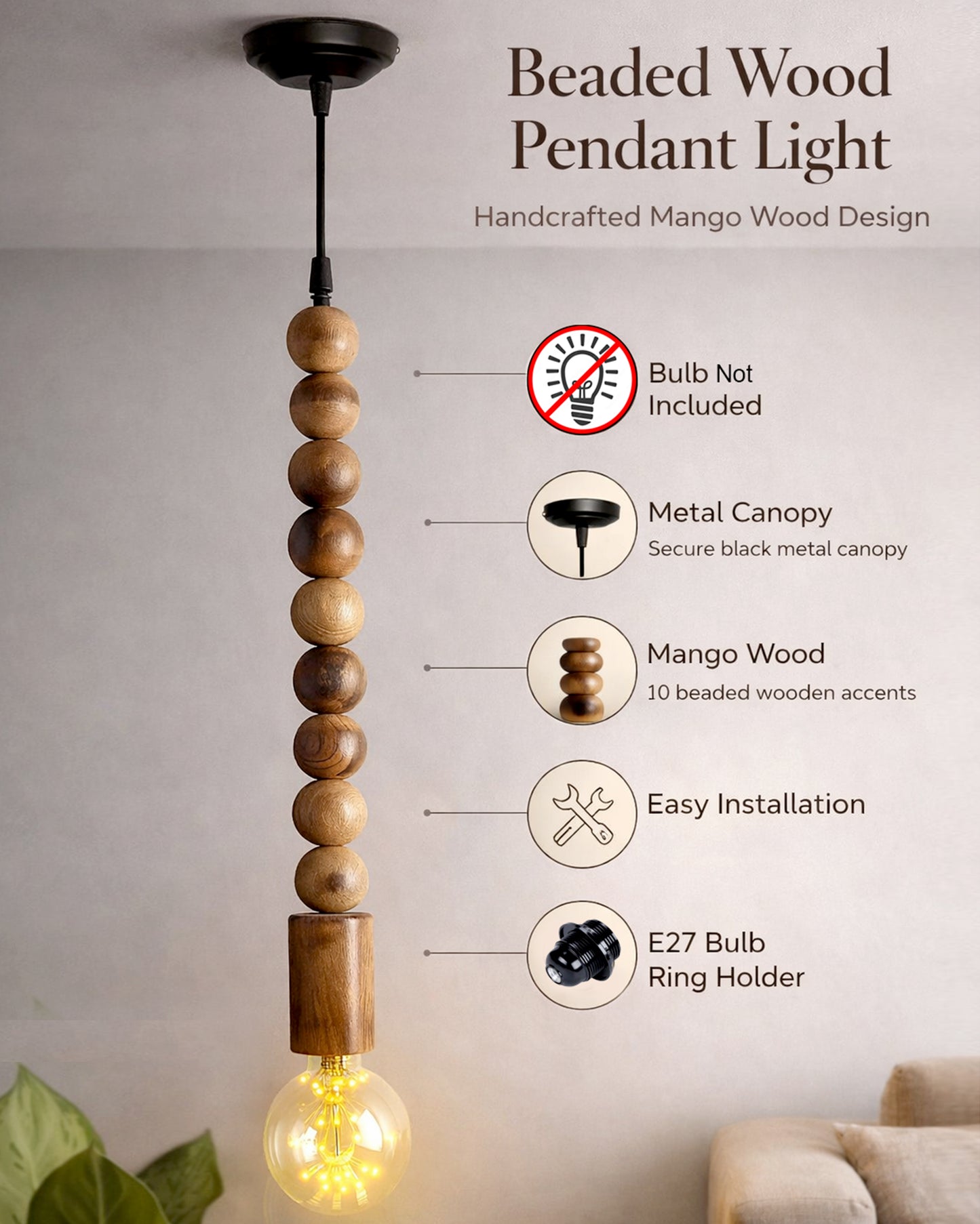 Rustic Round Beaded Swag Pendant, Balcony Bar Cafe Living Dining Room, Retro Loft Light, Ceiling Hanging Light
