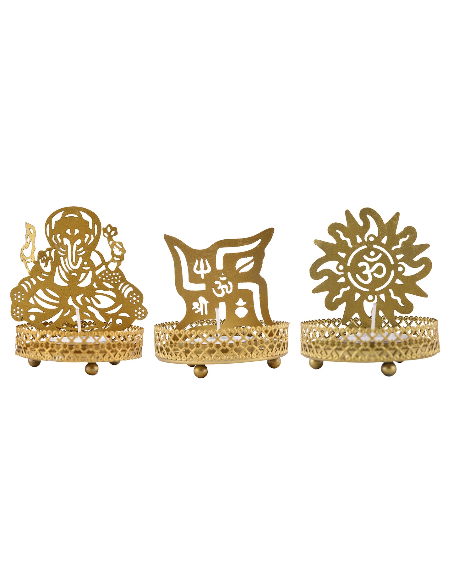 Set of 3 Shadow Ganesh Sathiya Om Metal Tea Light Holder, Brass finish Pooja Diwali Candle Holder with Free Wax diya