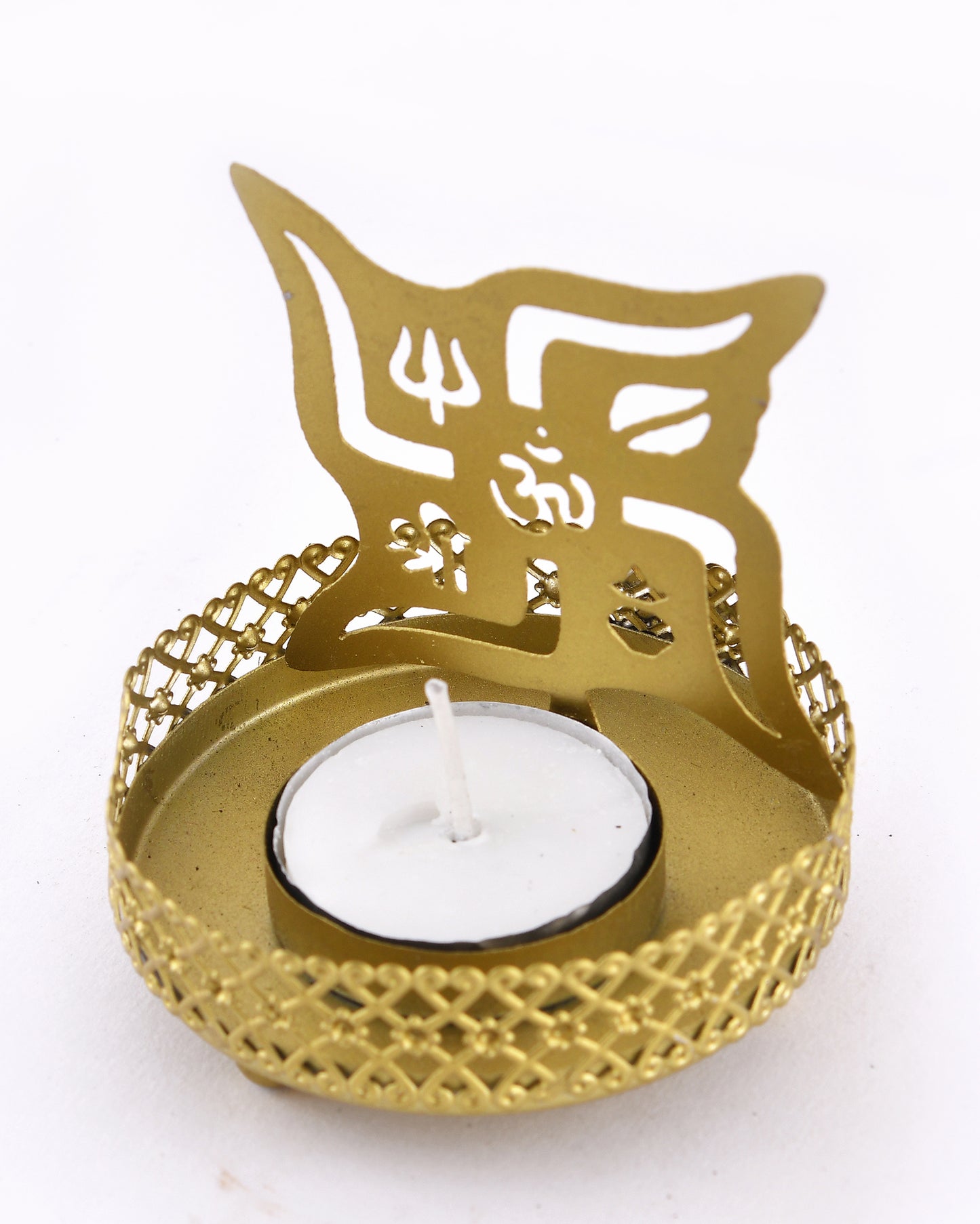 Set of 3 Shadow Ganesh Sathiya Om Metal Tea Light Holder, Brass finish Pooja Diwali Candle Holder with Free Wax diya