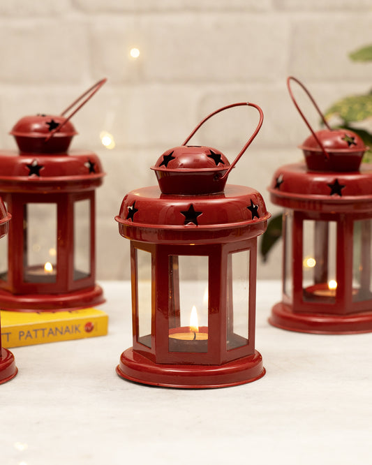 Set of 4 Star Light Decorative Metal Lantern Indoor/Outdoor Hanging Lantern, Designer Candle Tealight Holder