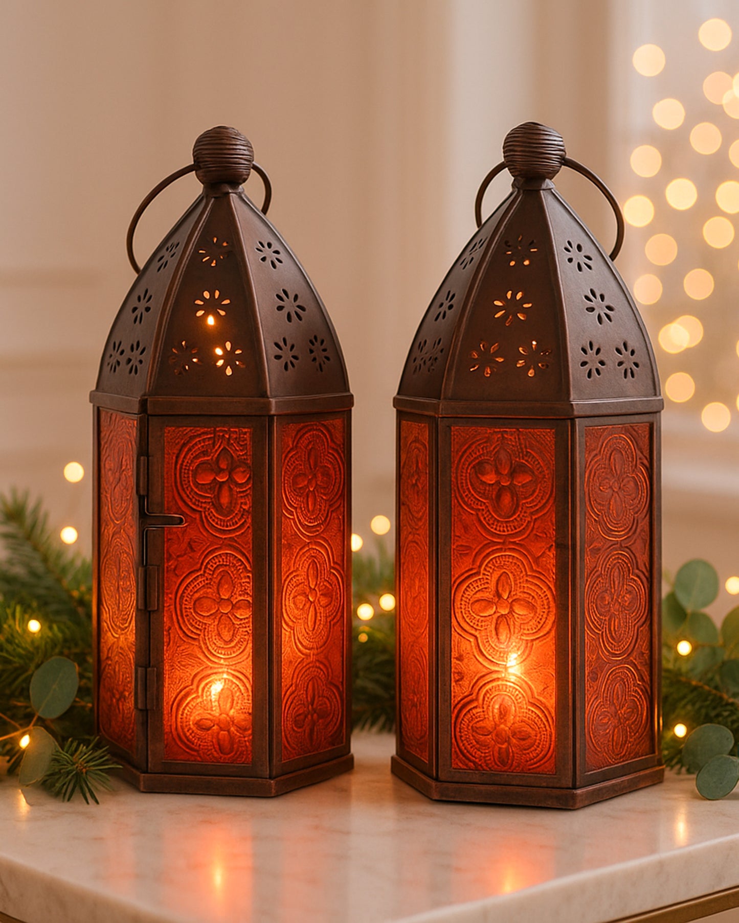 Metal Decorative Antique Copper Finish Moroccan Lantern Candle Holder, Set of 2, Tealight Hanging Home Office Decor
